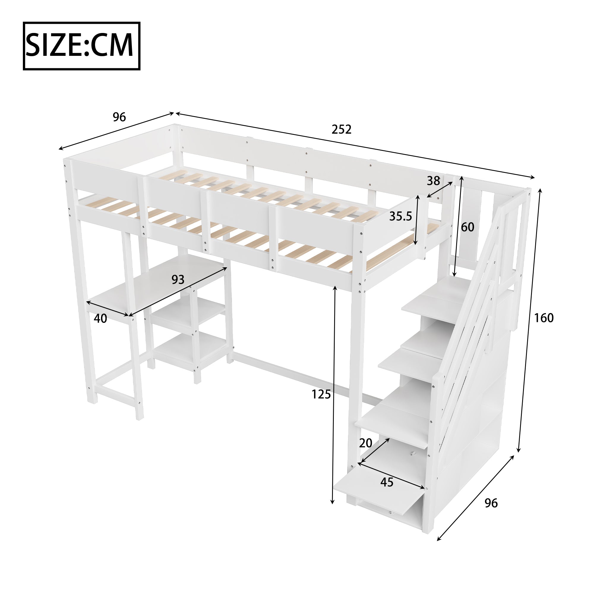 Bunk Bed, Multifunctional Loft with Storage & Shelf, Pine Wood, White