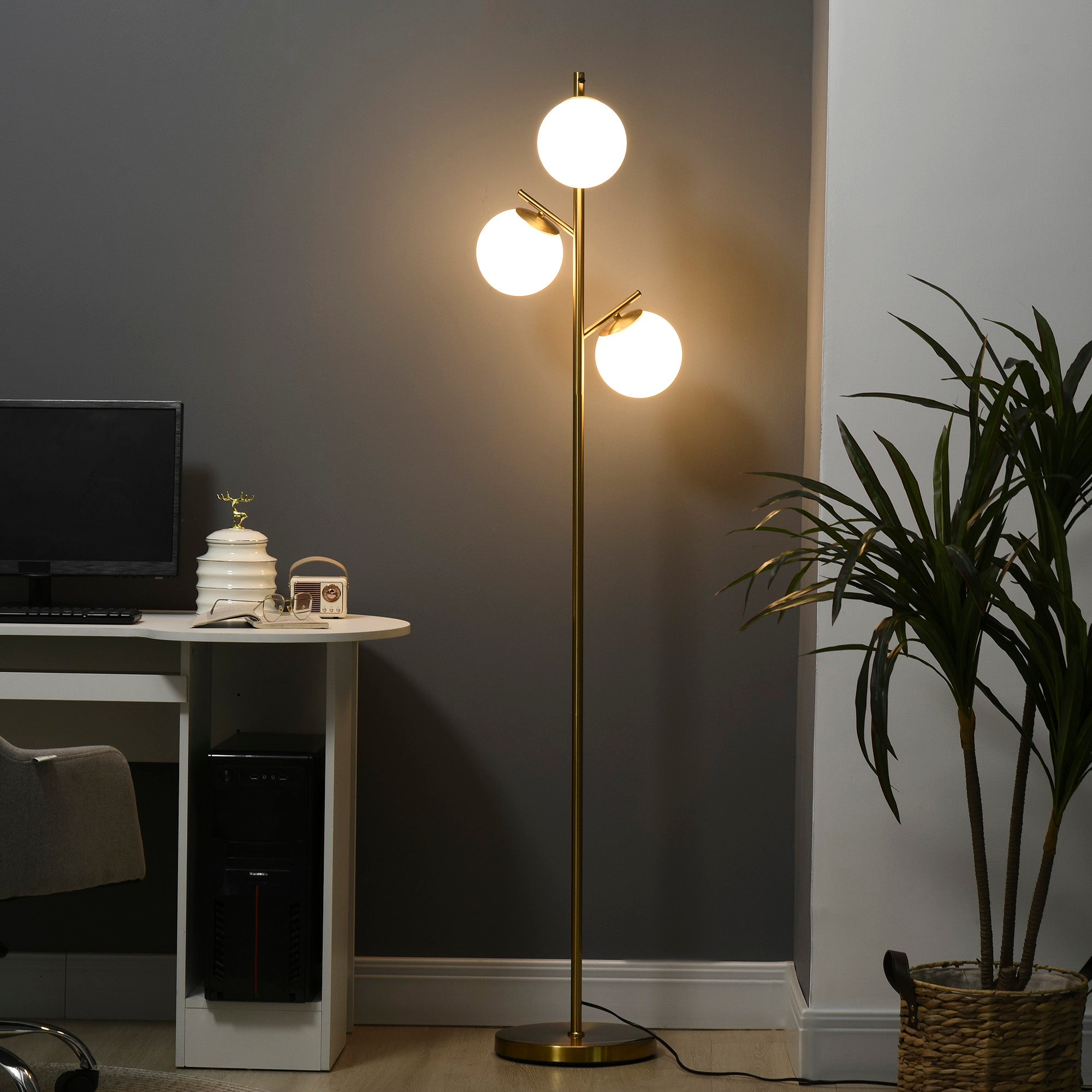Floor Lamp, E27 Socket & 3 Glass Lampshades, 169 cm, Metal