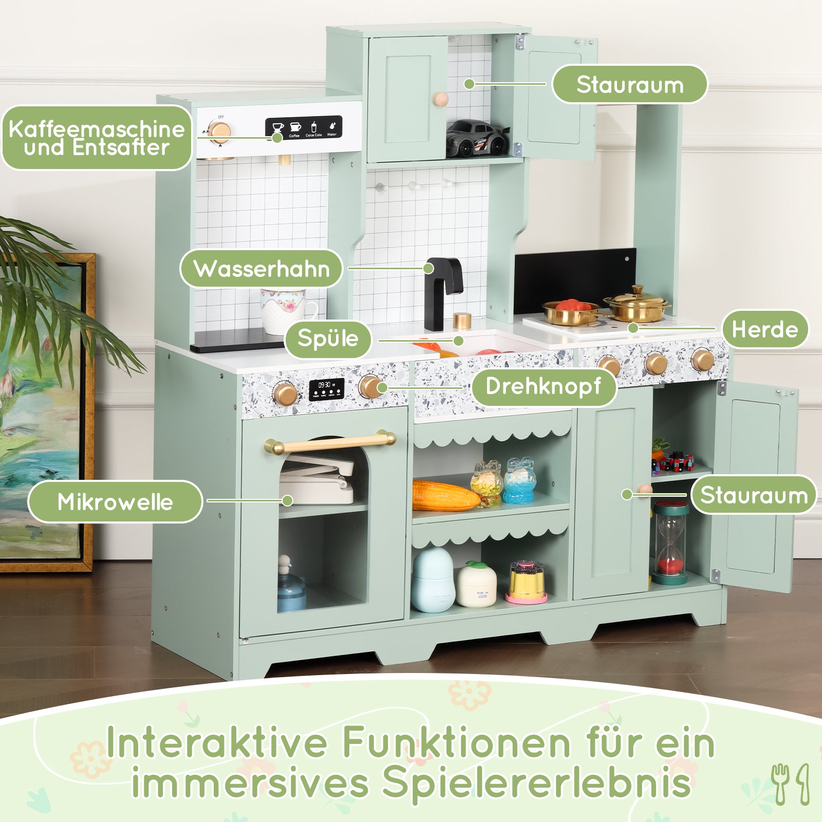 Children's Play Kitchen with Accessories and Creative Design, Green Wood and Plastic