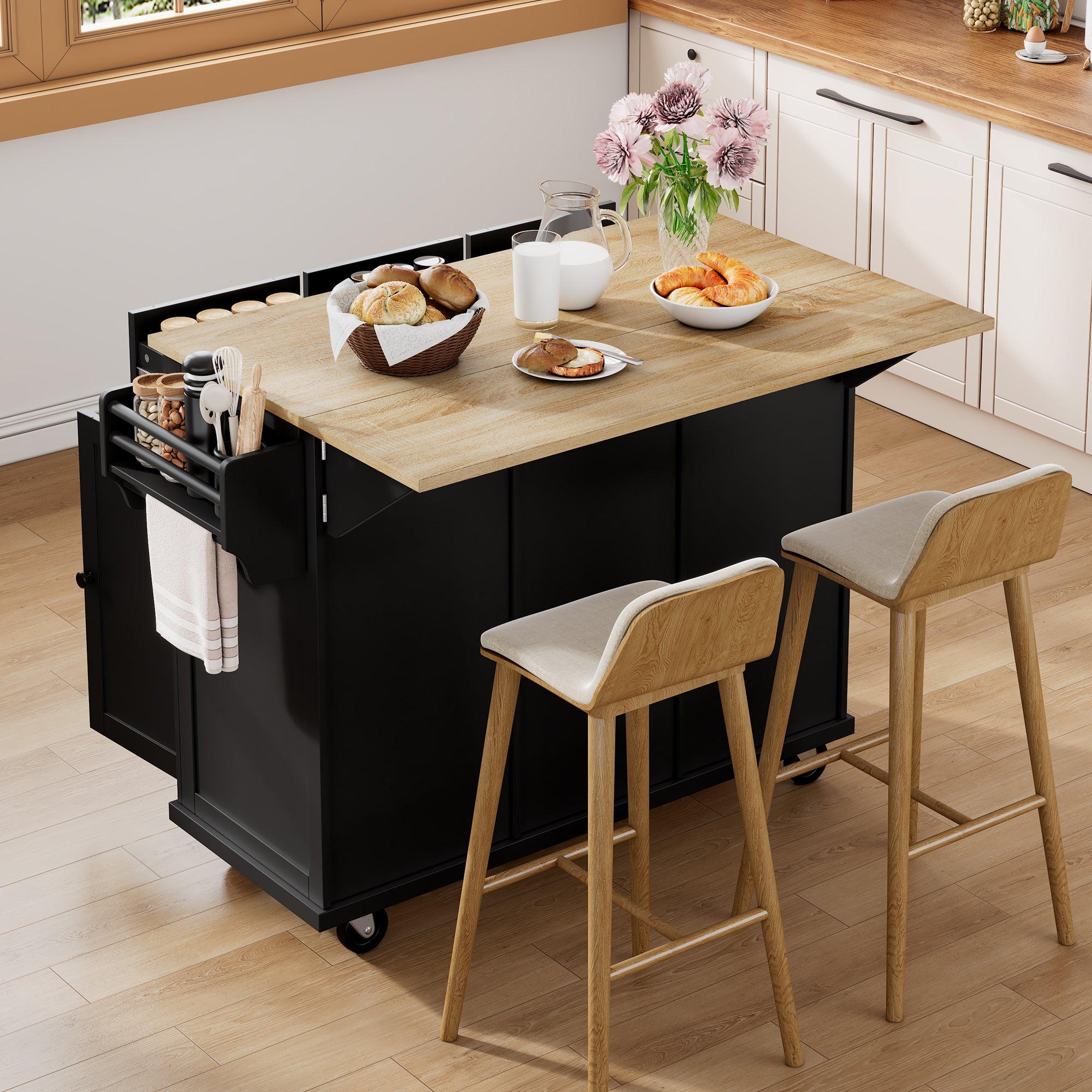 Mobile Kitchen Island Extendable Dining Area Waste Bin & Drawers - Black