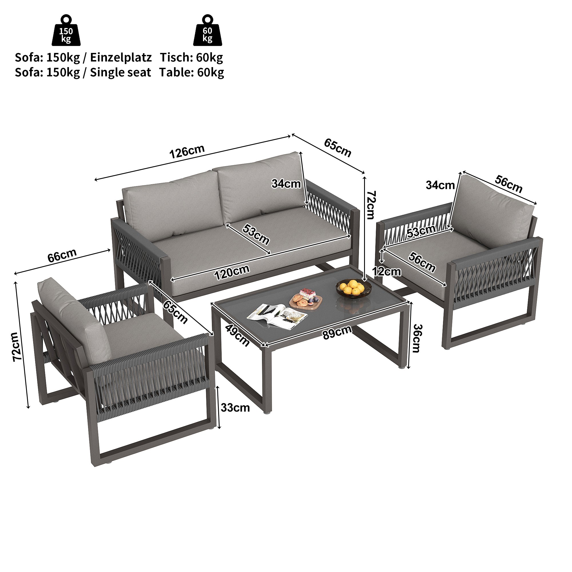 Garden Lounge Set 4-Piece Rope Glass Top - Grey