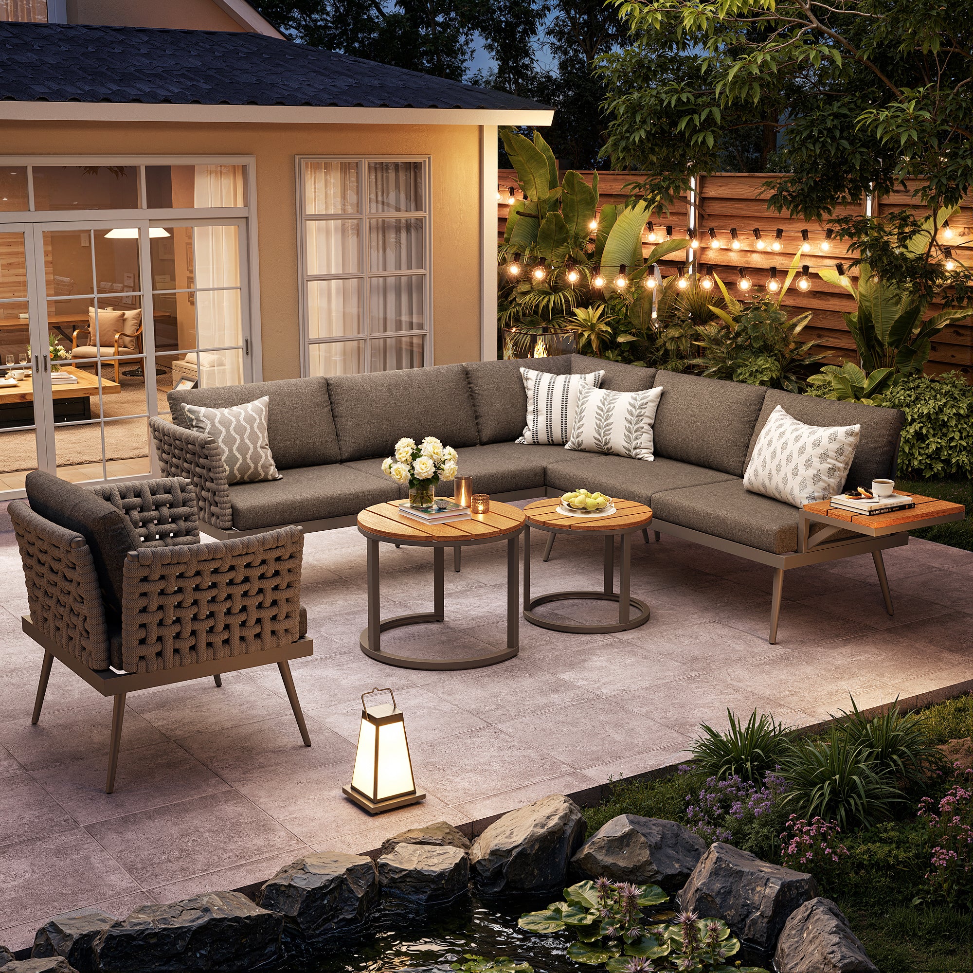 L-Shaped Garden Sofa Set with Coffee Tables and Armchairs, Grey and Beige