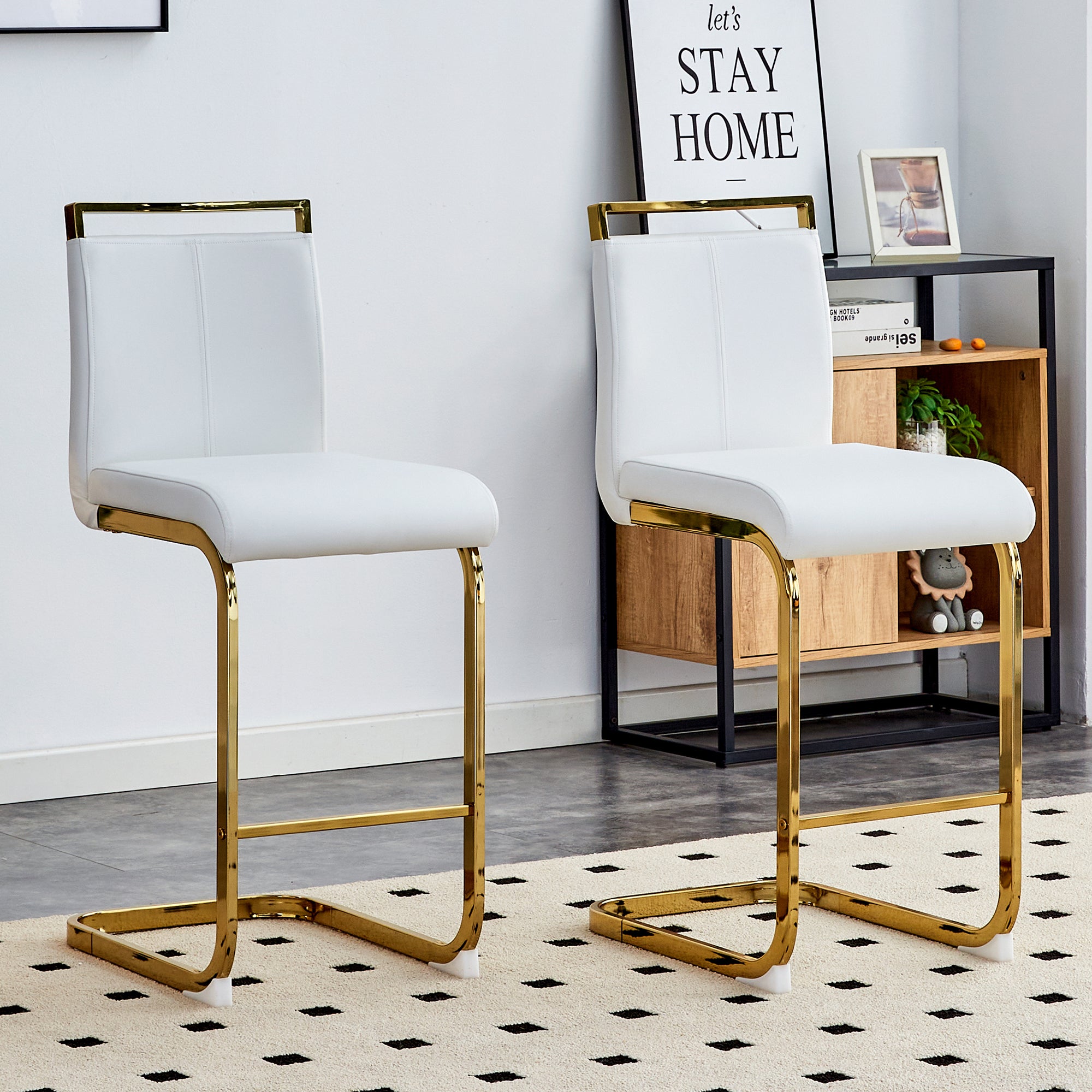 Bar Stools, Set of two Nordic-style 96.5 cm Height, White Faux Leather with Gold-Colored Metal Legs