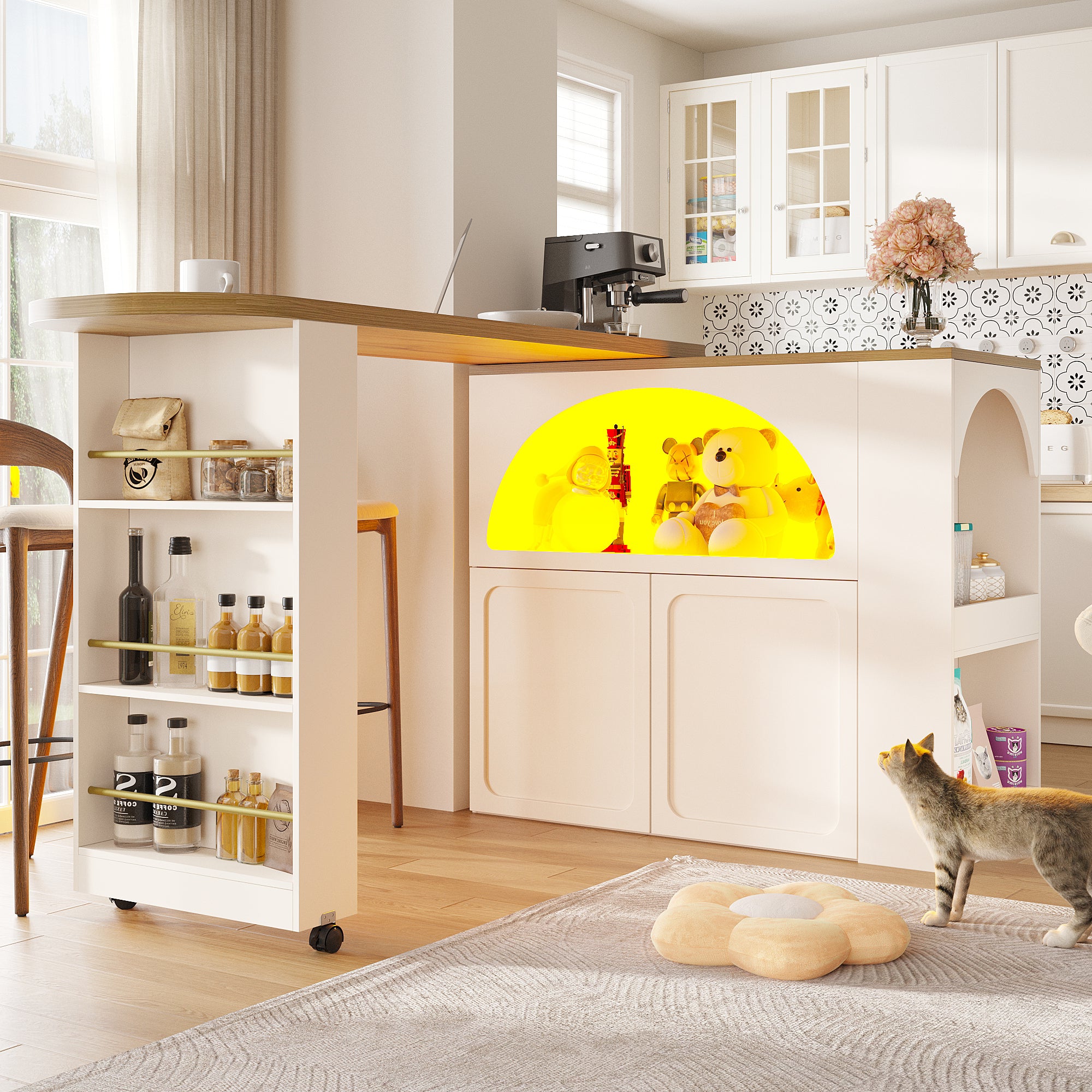 Extendable Bar Table Storage LED Curved Door Design - White