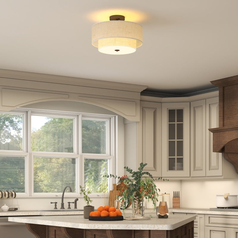 Ceiling Lamp, Double Shades, Pendant Light, Linen Look, Cream White