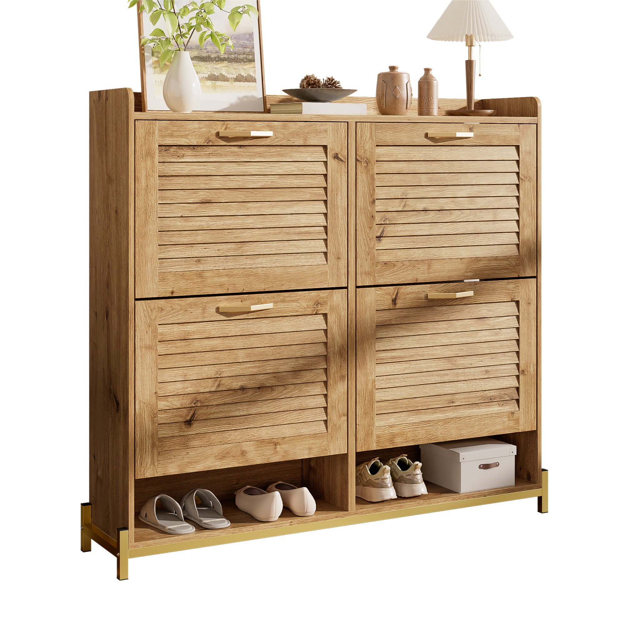 Modern Shoe Cabinet, 4 Doors, Metal Frame, Space-Saving, Wooden Slat