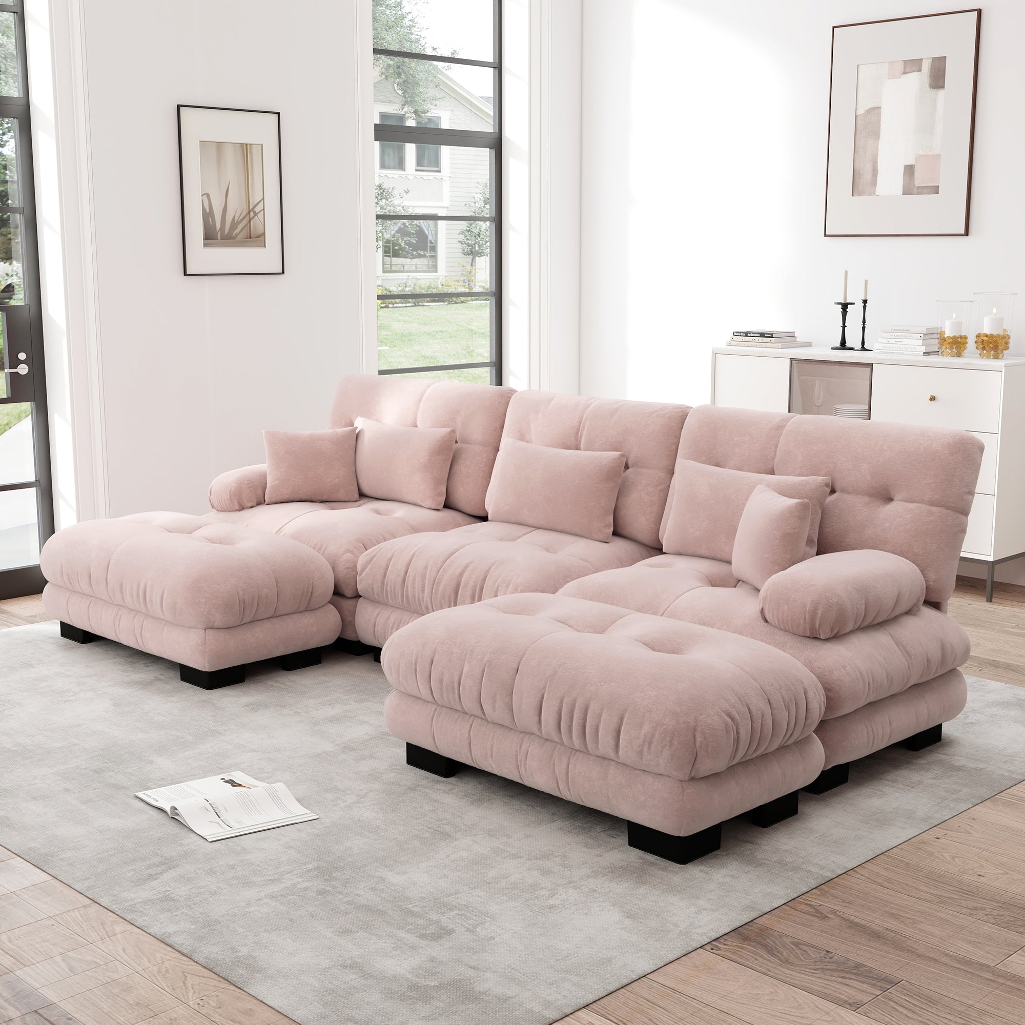 Luxury Modular Corner Sofa - Oversized U-shaped Cloud Couch, Deep Seating, Convertible Sleeper with Ottoman, Chenille Pink