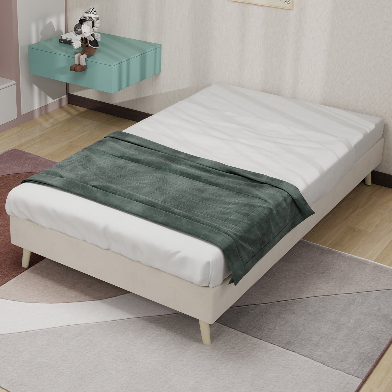 Modern Minimalist Bed Frame, 90x200 cm, Low-Profile, Dutch Velvet Beige