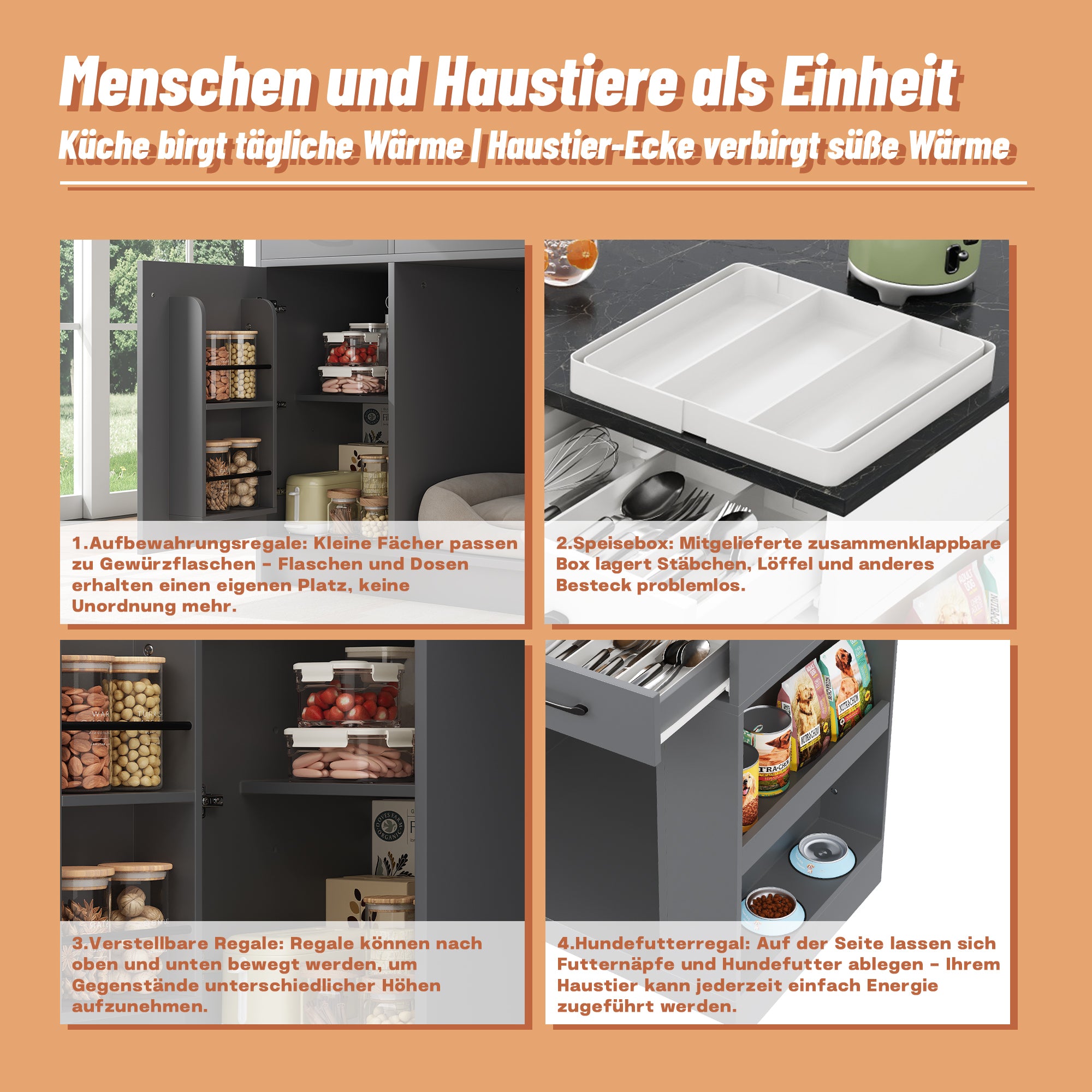 Kitchen Island with 3 Drawers, Spice Rack and Pet Storage Area, Grey