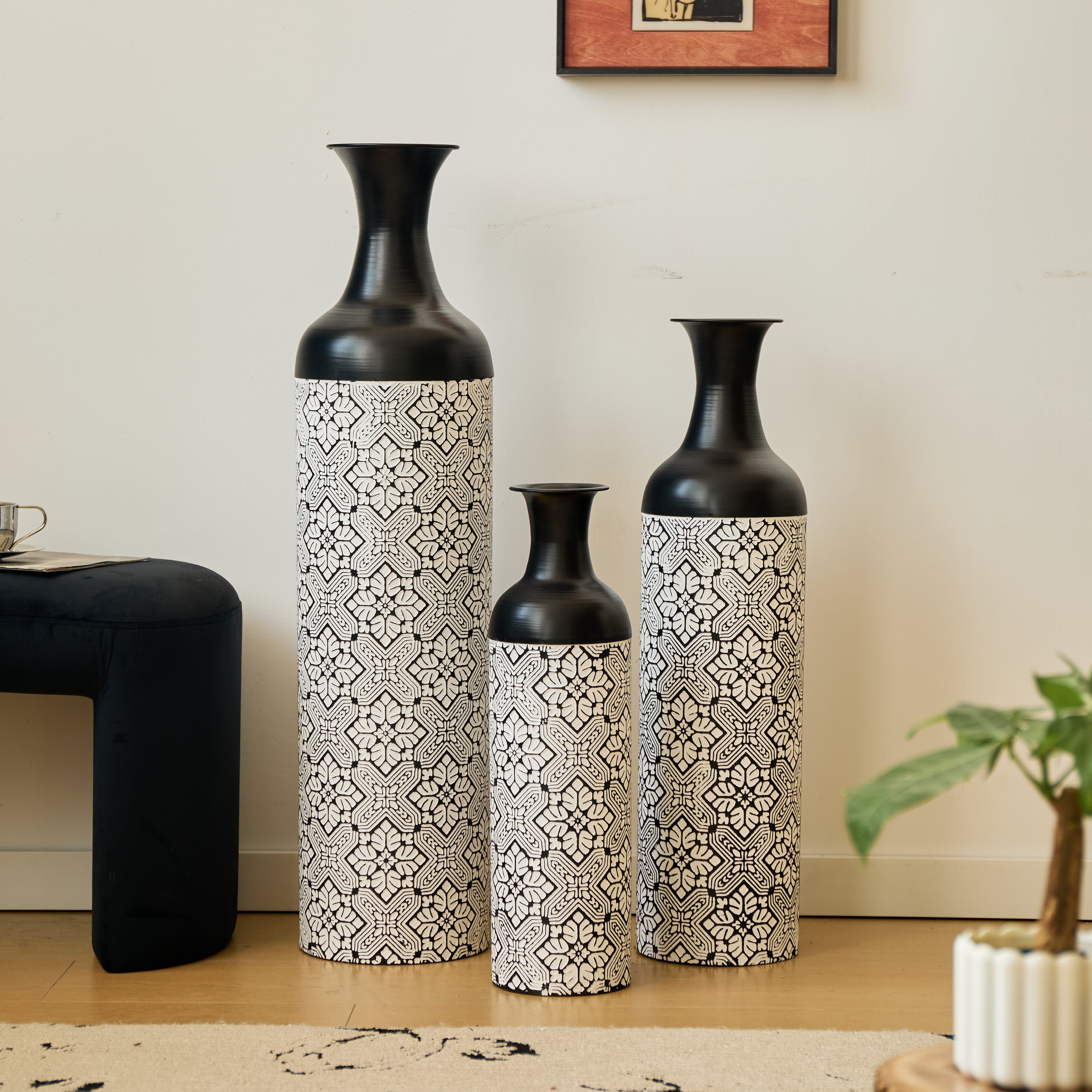 Floor to Ceiling Vase Set, 3-Piece Retro 83/65/50cm Decorative, Black and White Metal