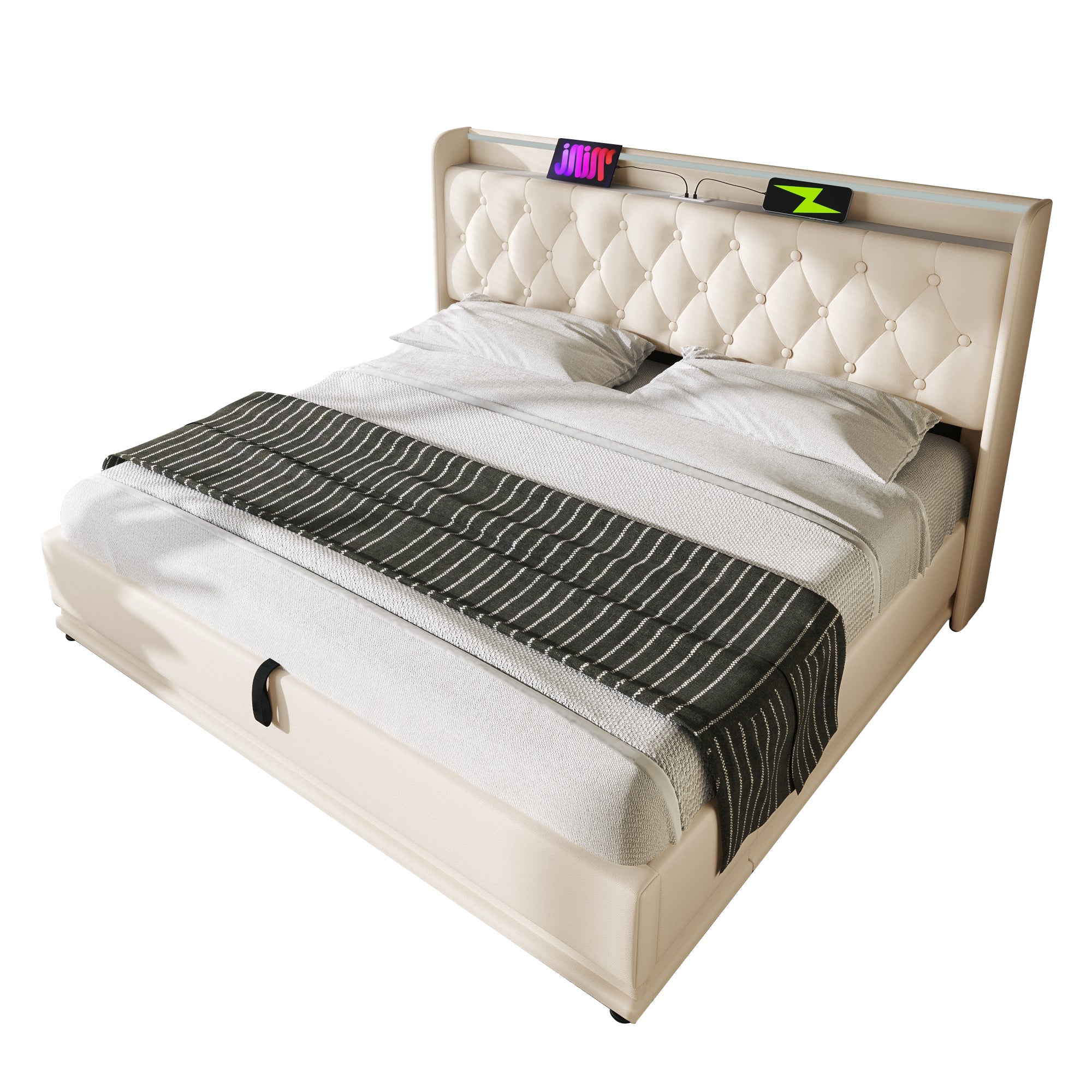 Upholstered King Ottoman Bed, 360 Surround LED, Hydraulic Storage, Charging Function, White PU