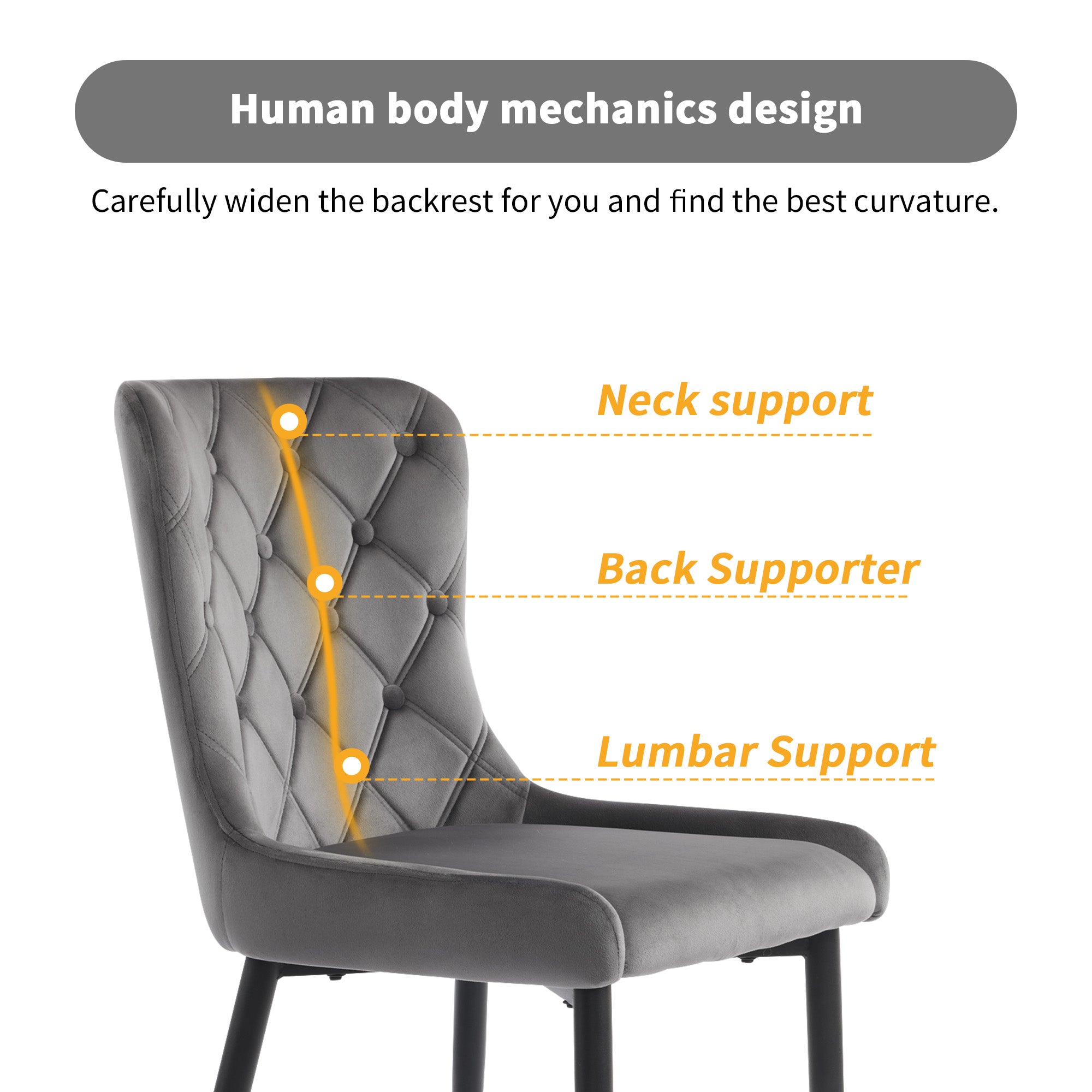 Dining Chairs with Backrest (Set of 2), Velvet Upholstered, Metal, Ergonomic, Dark Gray