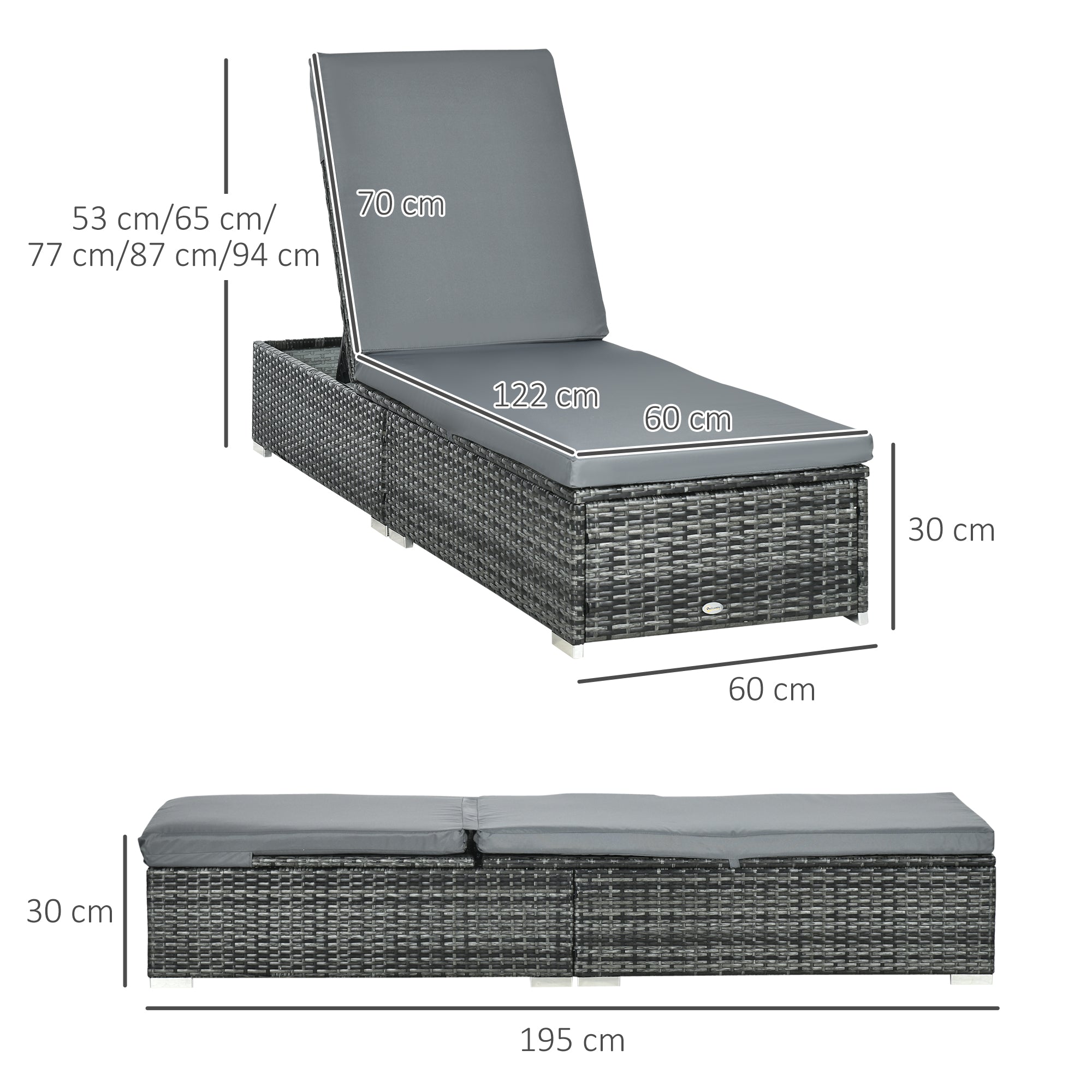 PE Rattan Sun Lounger, Five-level Adjustable Recliner with Padded Cushion, Mixed Grey