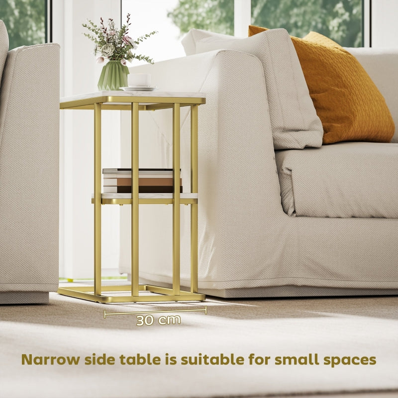 C-Shaped Narrow Side Table, 2-Tier Slim End Table Nightstand for Small Spaces, White Marble Grain