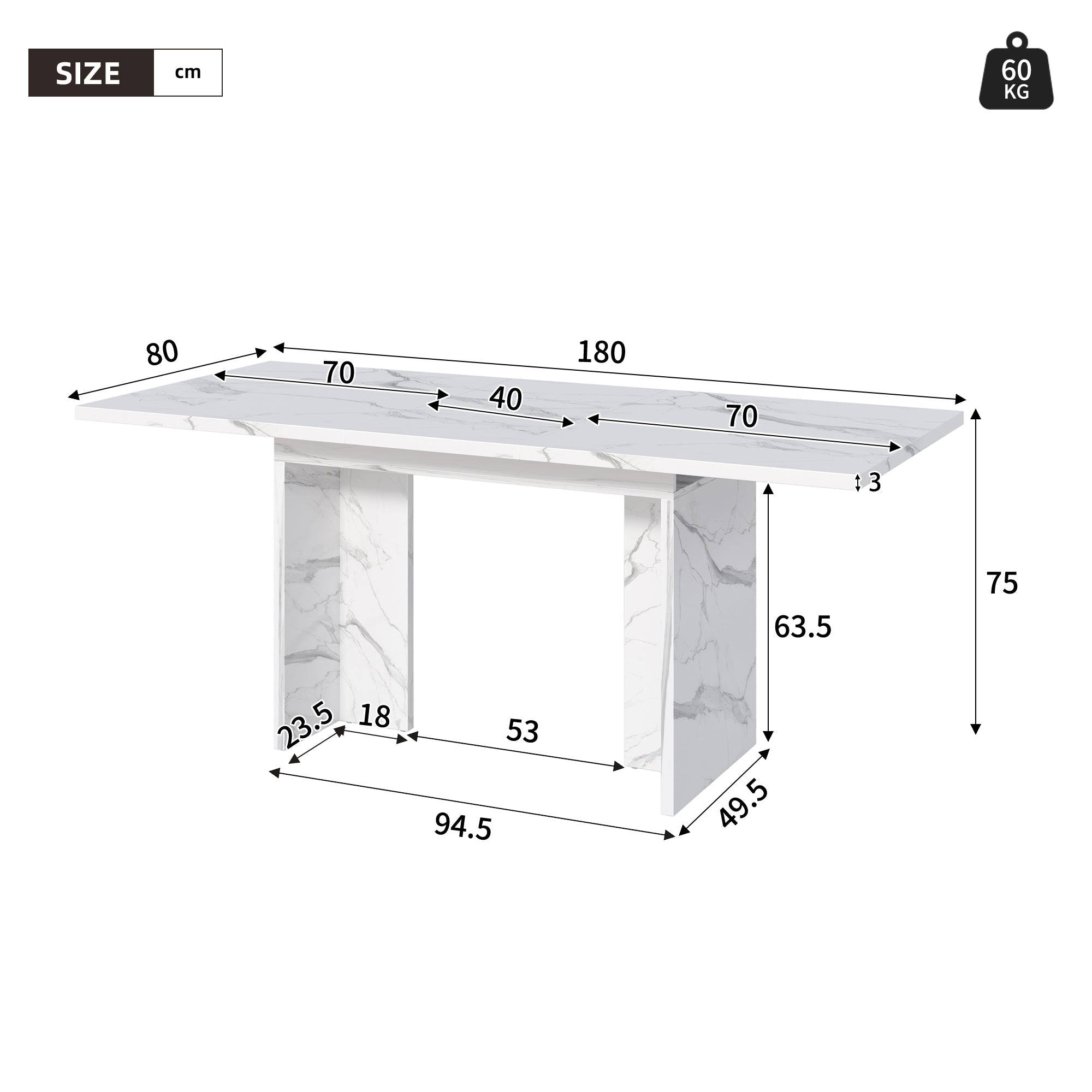Extendable Dining Table 140/180x80cm Rectangular 6-8 Seater - White Marble