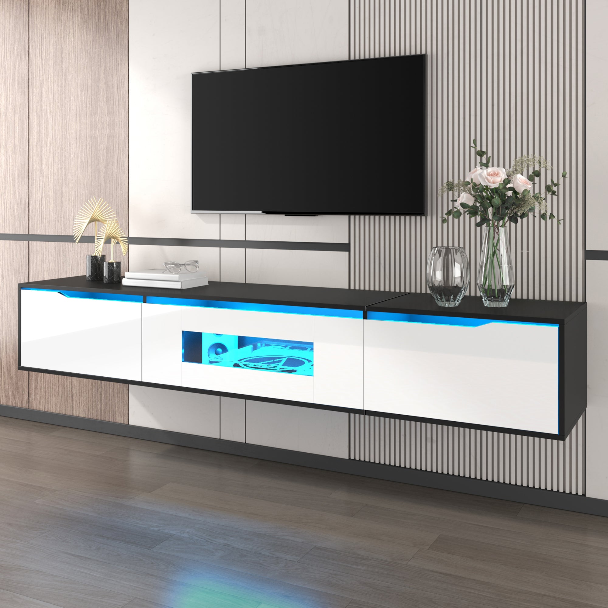 High-gloss TV Cabinet, 180cm LED USB Wall-Mounted Black & White