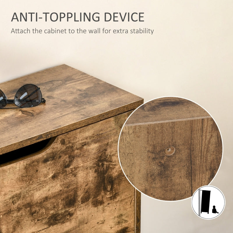 Industrial Shoe Cabinet 2 Flip Drawers Narrow Slim for 12 Pairs Freestanding, Rustic Brown