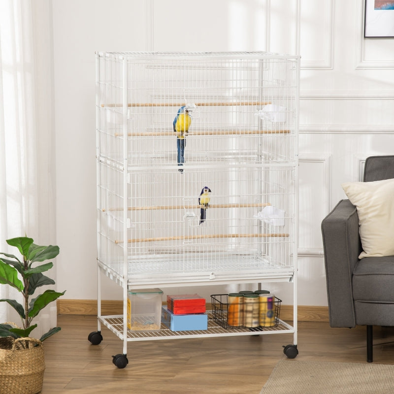 Large Bird Cage for Finch Canaries Parakeet with Rolling Stand, Slide-out Tray, Storage Shelf, Food Containers, White