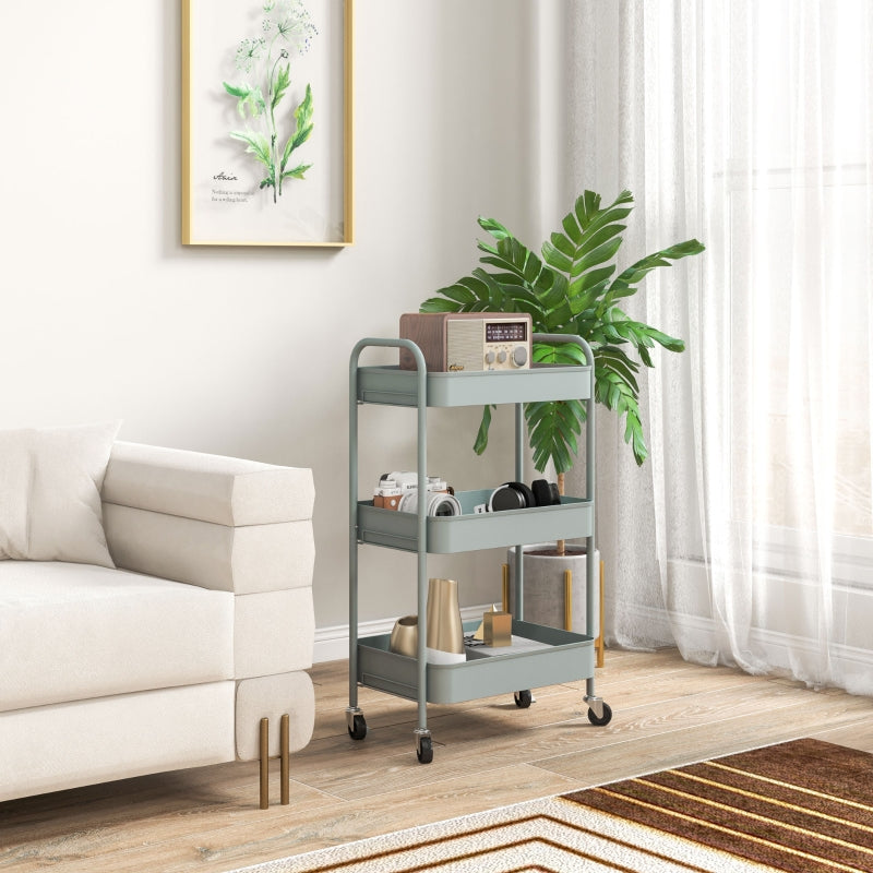 Three-Tier Storage Trolley, Multi-Purpose Rolling Cart, Steel, Light Blue
