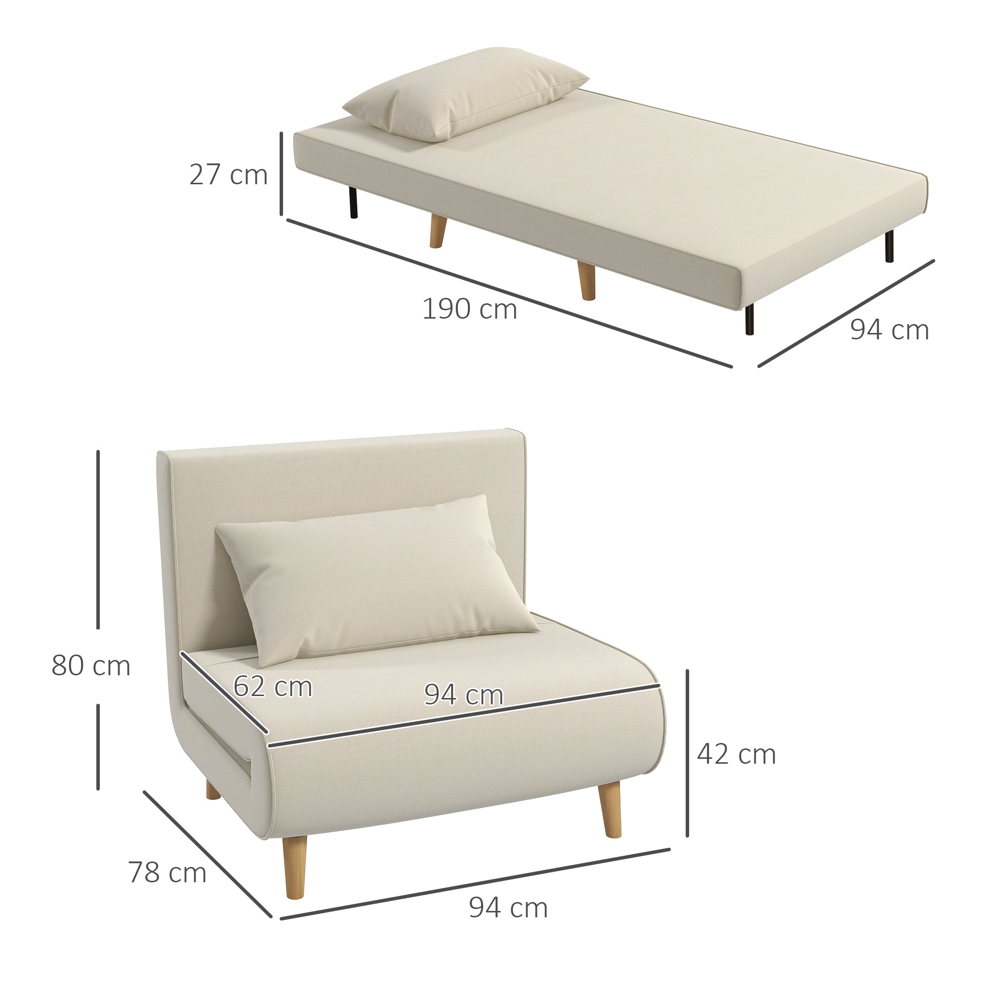 Sleeper Sofa Fold-out Single Adjustable Backrest, Nordic Style Linen Imitation