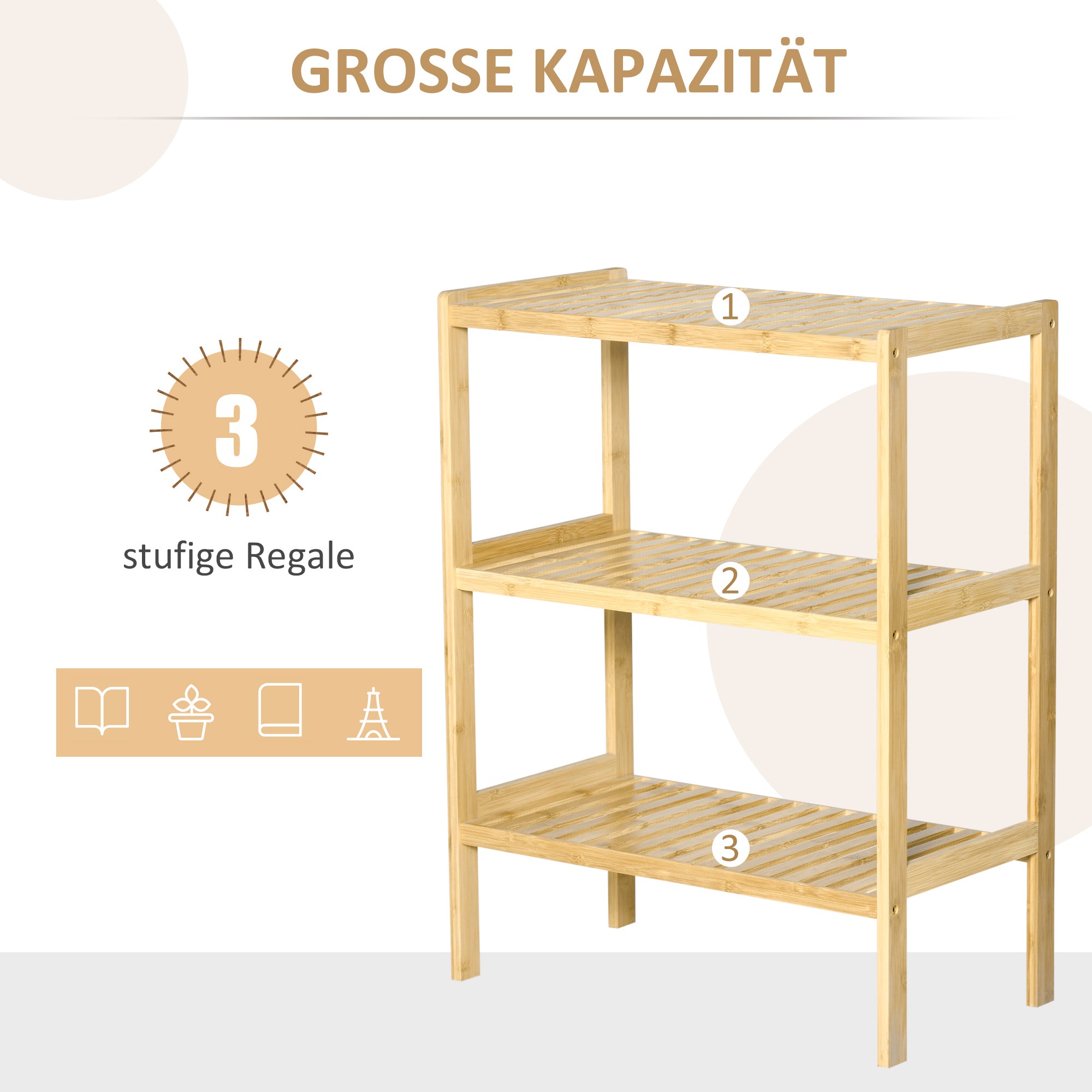 Bathroom Shelf, 3 Levels Standing Kitchen, Natural Bamboo