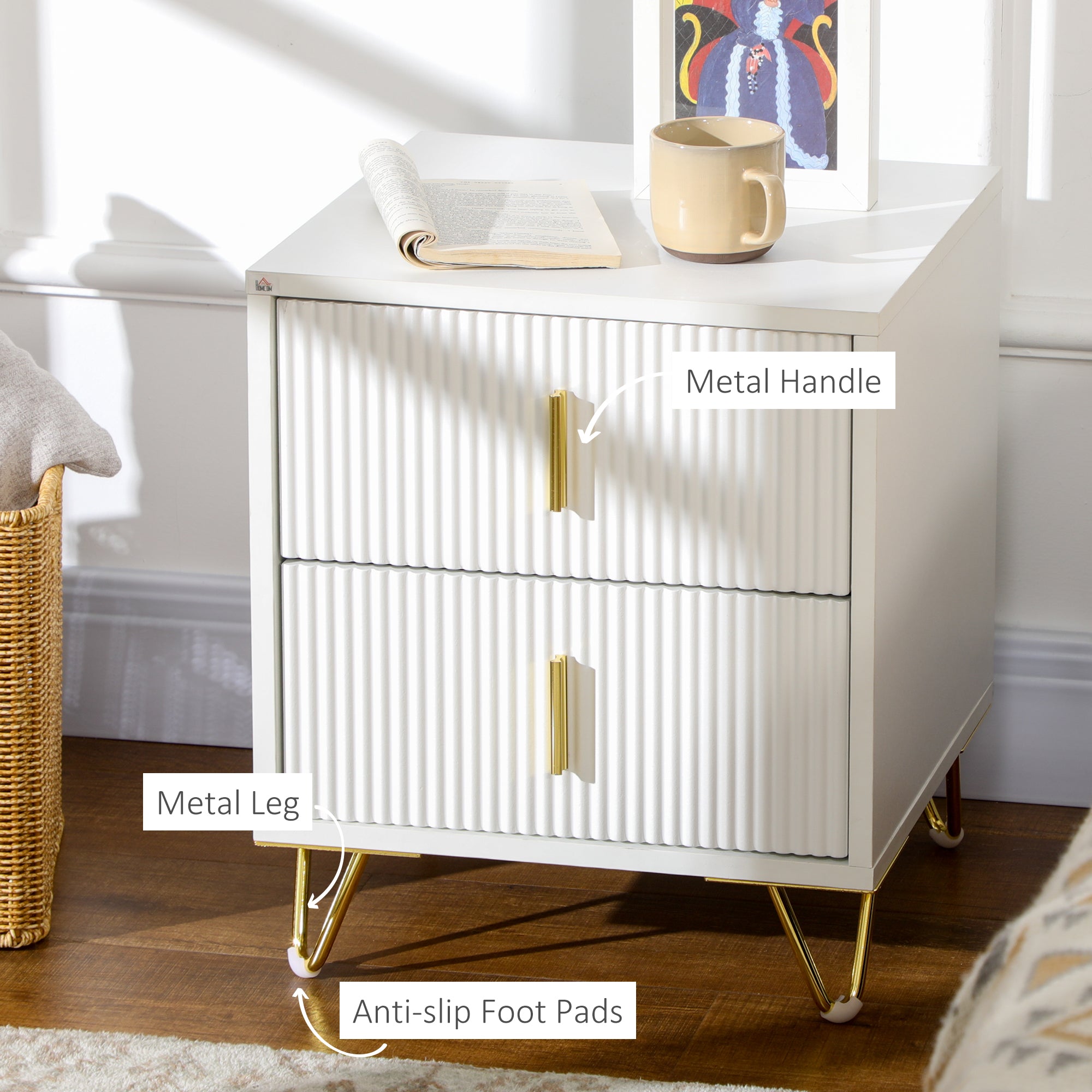 Elegant Chest of Drawers, Two Drawers - White/Gold-Tone