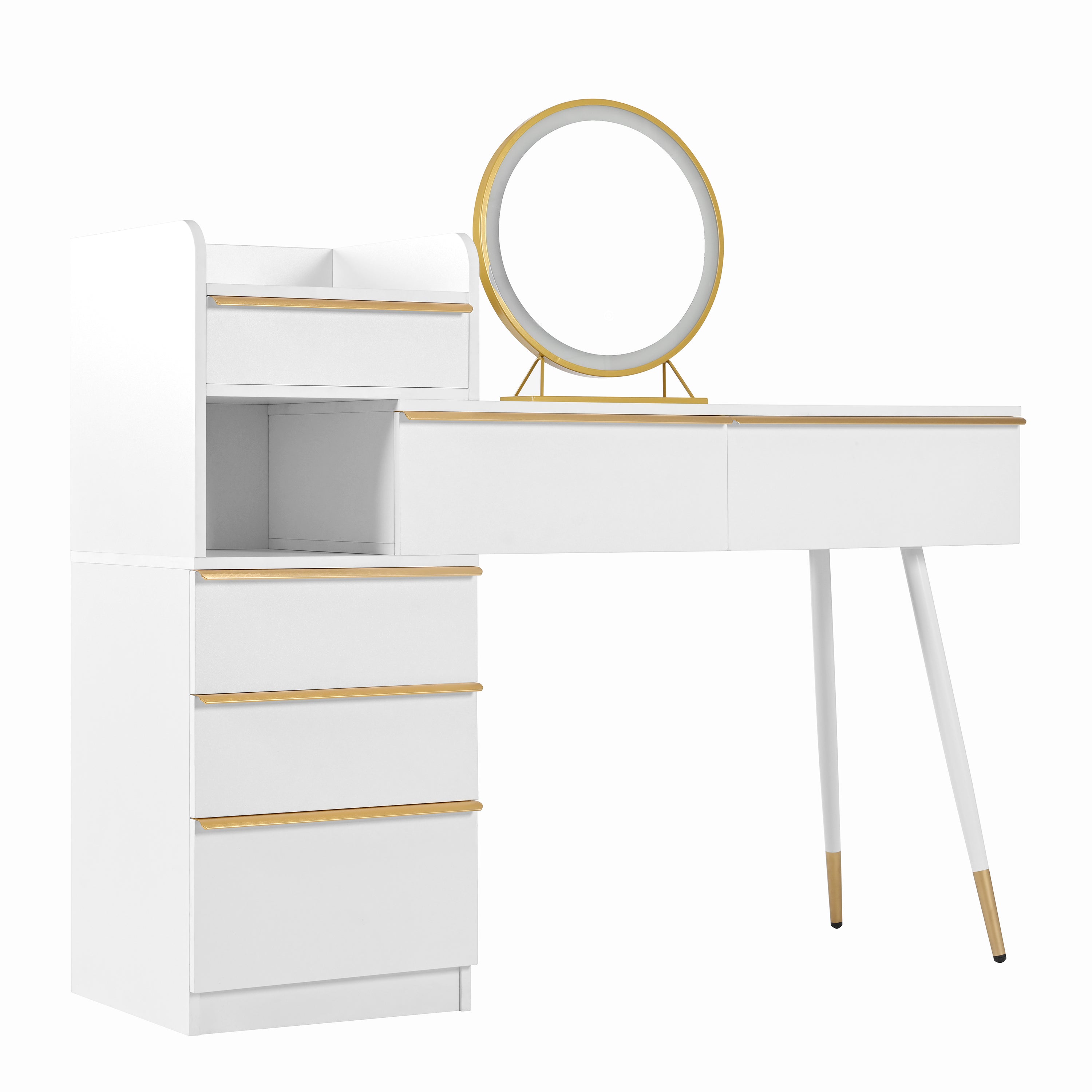 Dressing table with extendable tabletop, 6 drawers, gold handles, LED mirror, dimmable light, white