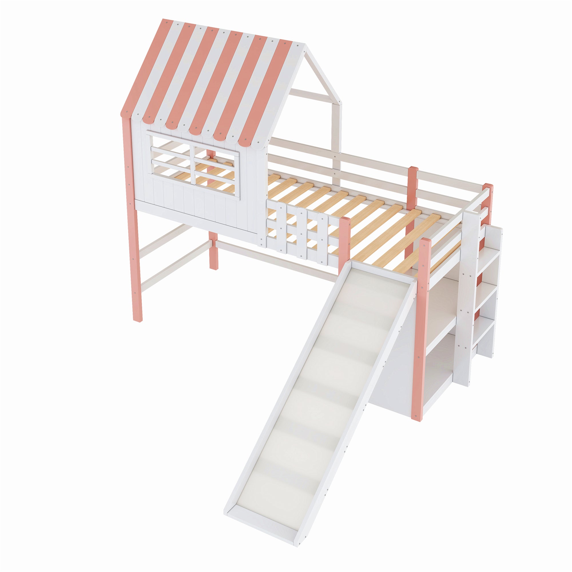 Children's Bed, Attic Design with Safety Ladder & Slide, Multi-Level Storage, Solid Wood, Pink