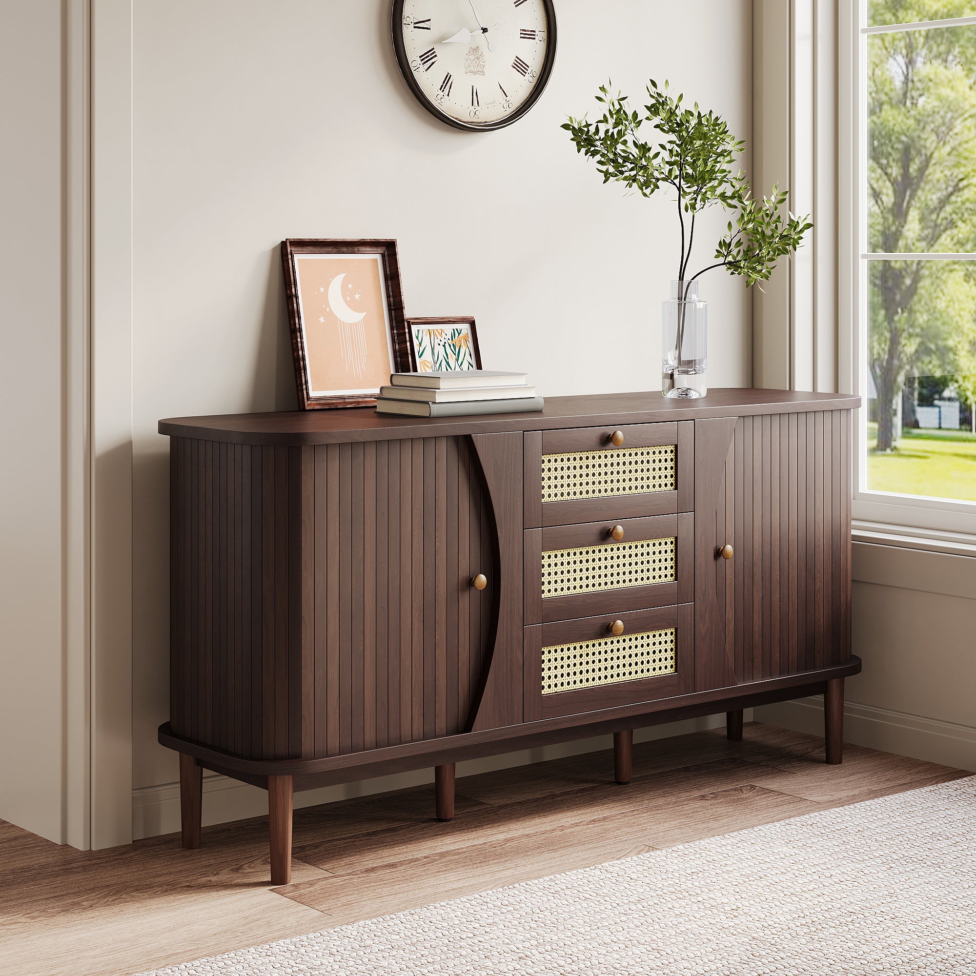 Sideboard, Rattan Drawers with Sliding Doors & Adjustable Shelves, Wood Color