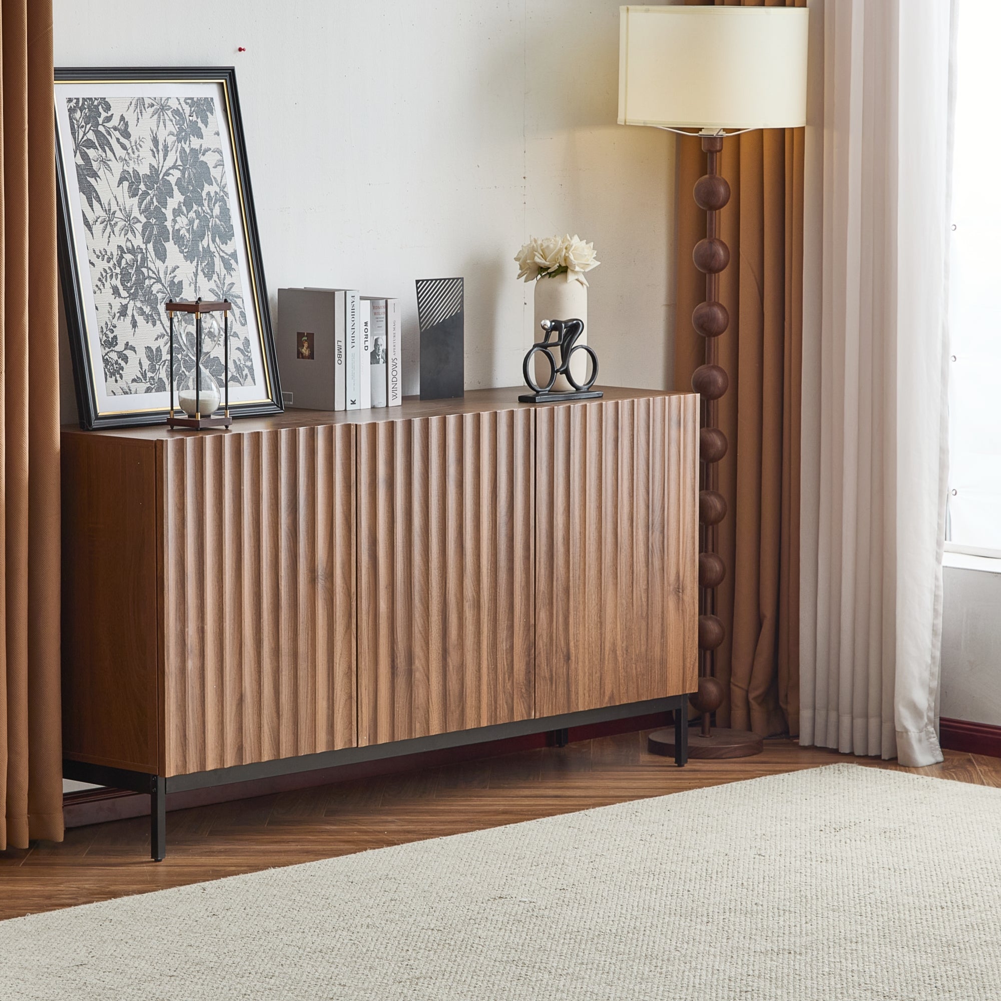 Sideboard Mid-Century Modern 3-Door 150cm with Wavy 3D Design Dark Grained Oak