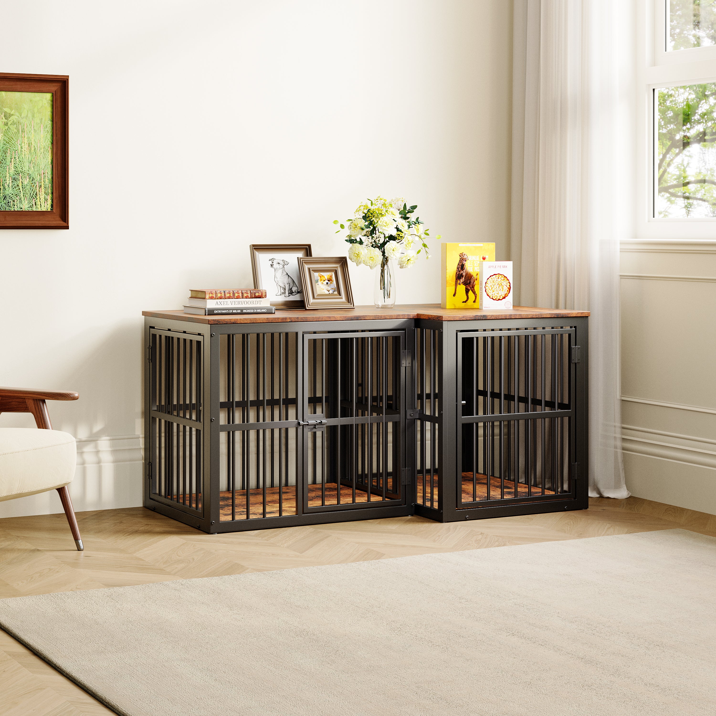 Modular Dog Crate Furniture 3 Doors Waterproof Top 2-in-1 Side Table Stackable - Retro Brown