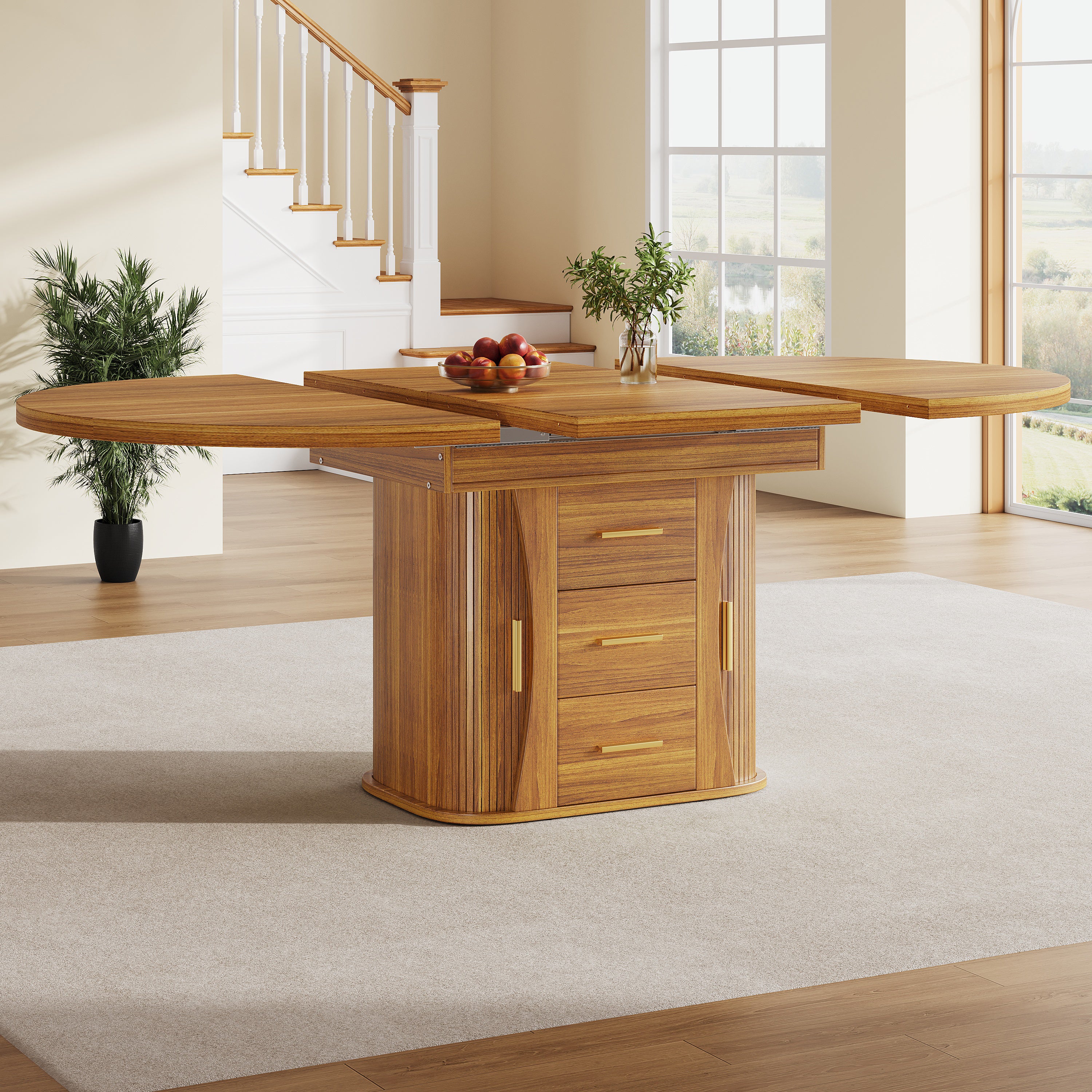 Round Dining Table to Oval with Three-Tier Storage, 118-158 cm, Walnut