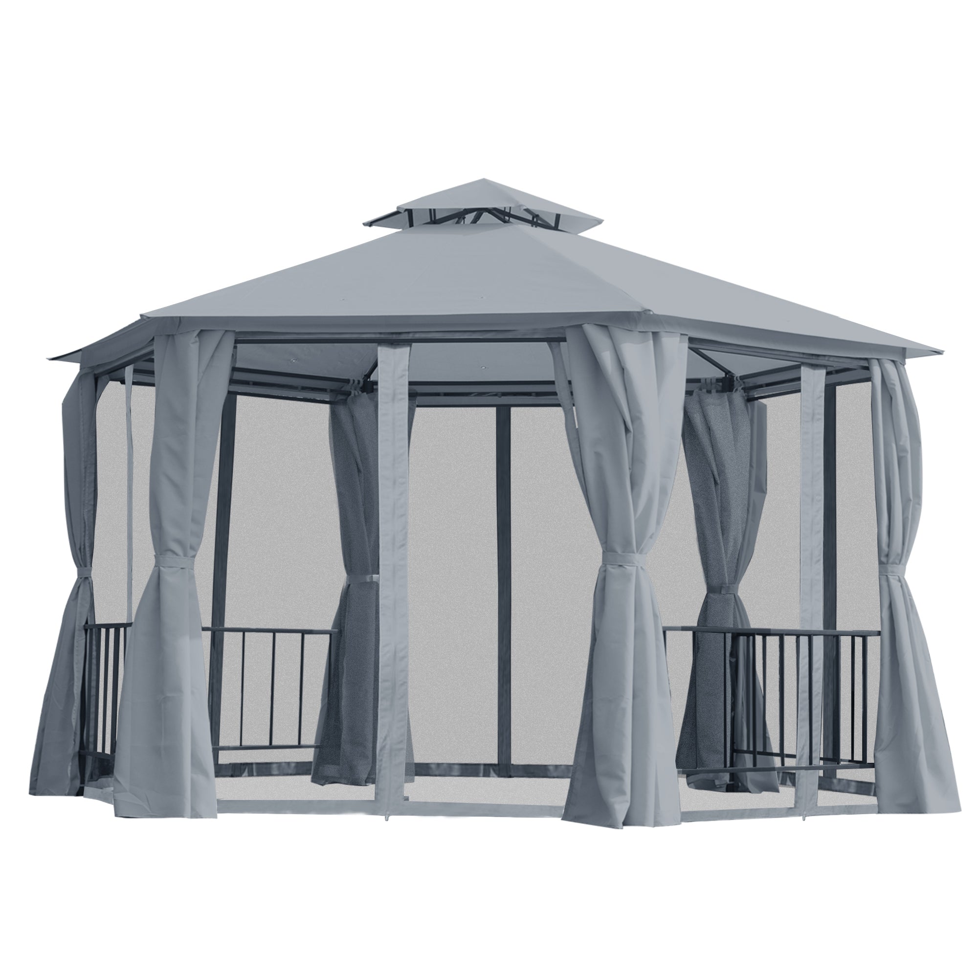 Hexagon Gazebo Patio Tent 3x3m w/ 2 Tier Roof & Side Panel - Grey