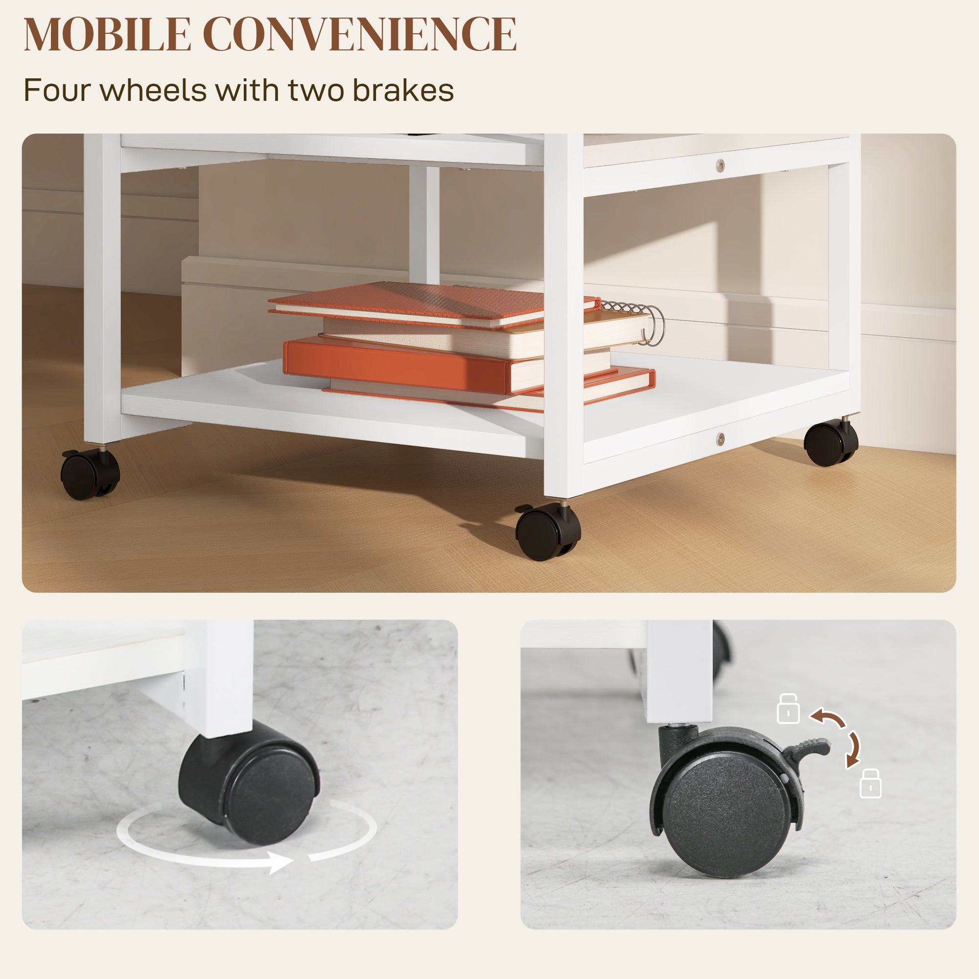 Three-Tier Printer Stand with Wheels, Steel - White