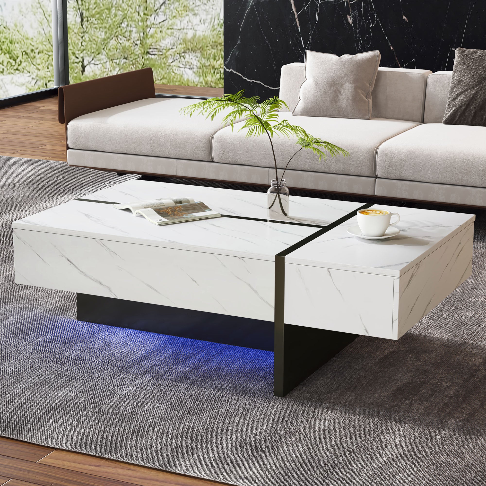 Coffee Table 105x60x35cm Irregular LED High-Gloss Marble - White