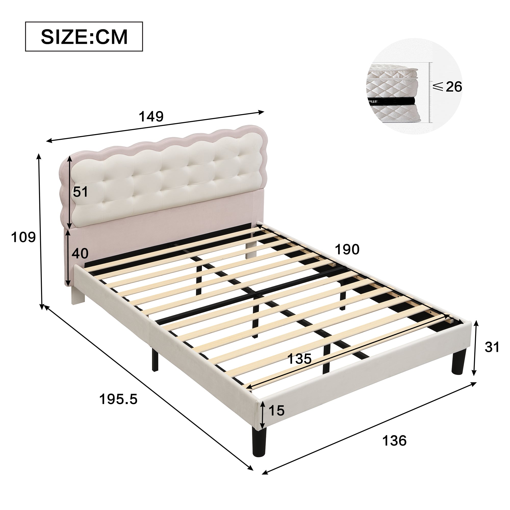 Upholstered Bed, Biscuit Shape Velvet Backrest, 4ft6 Double, Beige+Pink