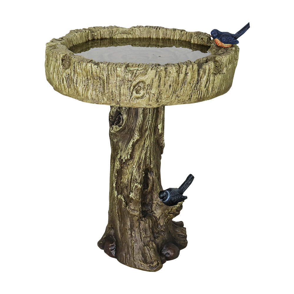Birdbath concrete wood look with decorative artificial bird