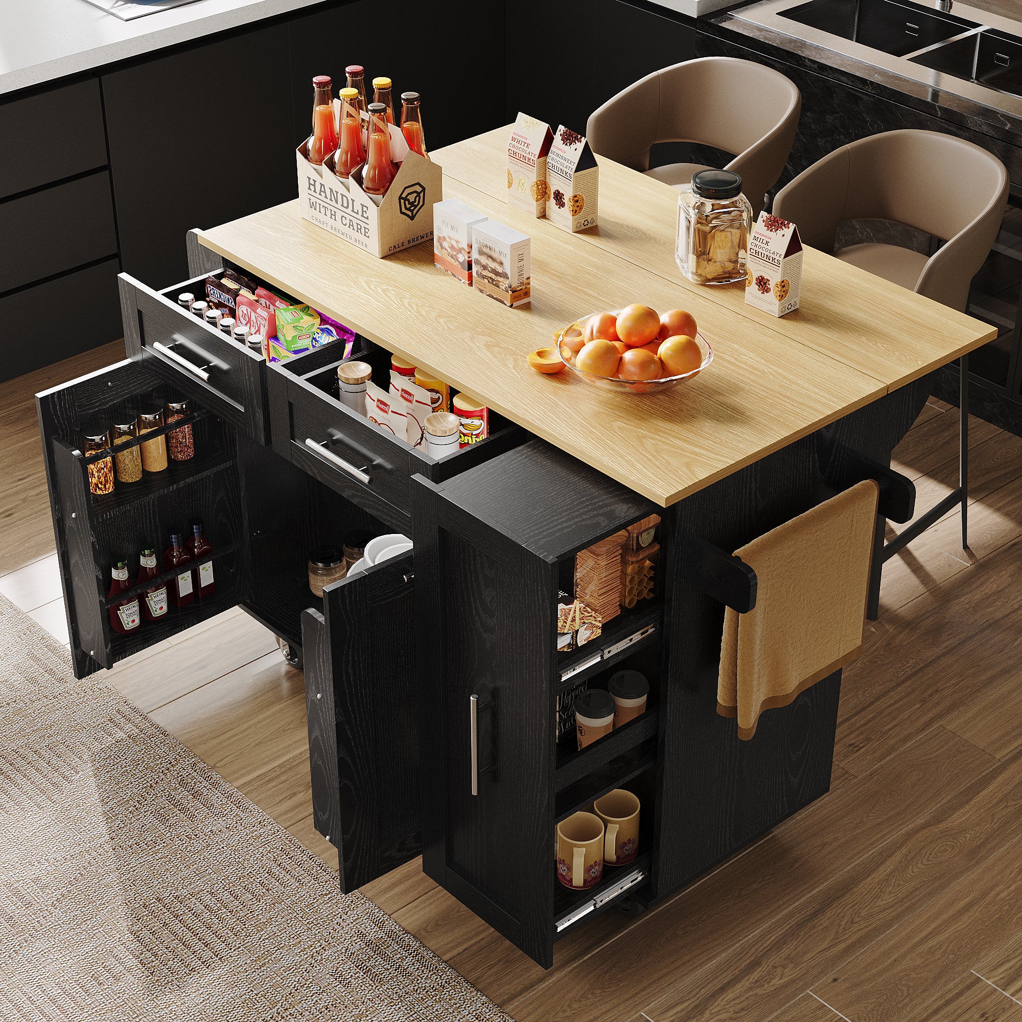 Kitchen Island, Buffet Cabinet Dining Cart with Storage, Black