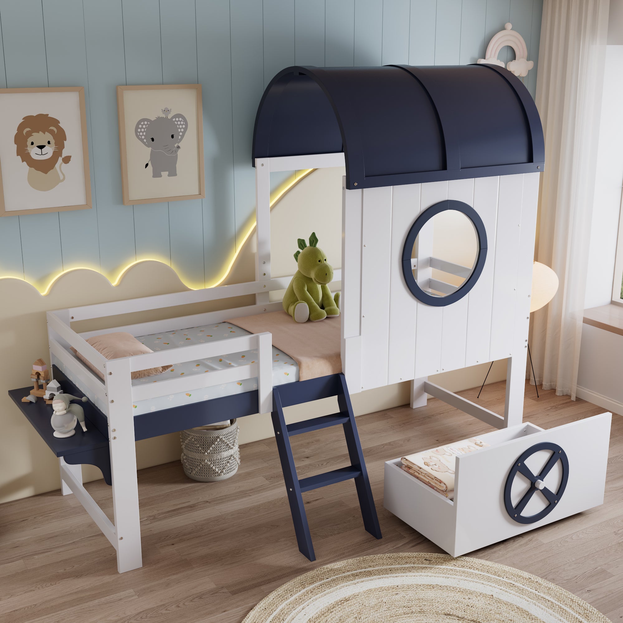 Bunk Bed, Half-Height Kids Bed with Roof, Window, Drawer & Ladder, Pine + MDF + Plywood, White + Dark Blue, 90x200cm