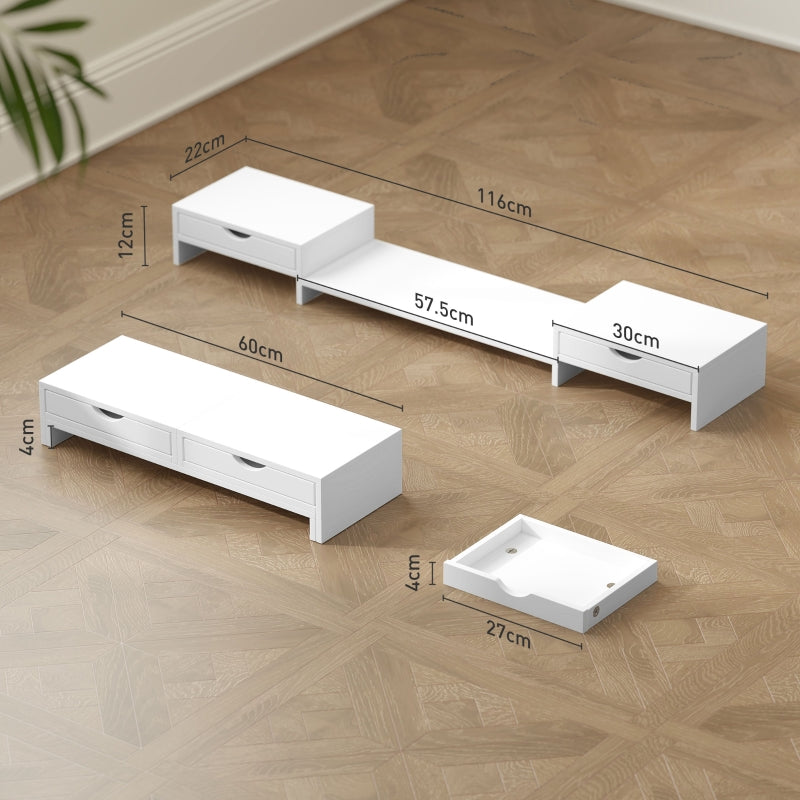 Dual Monitor Stand Riser with 2 Drawers, Adjustable Length and Angle, White