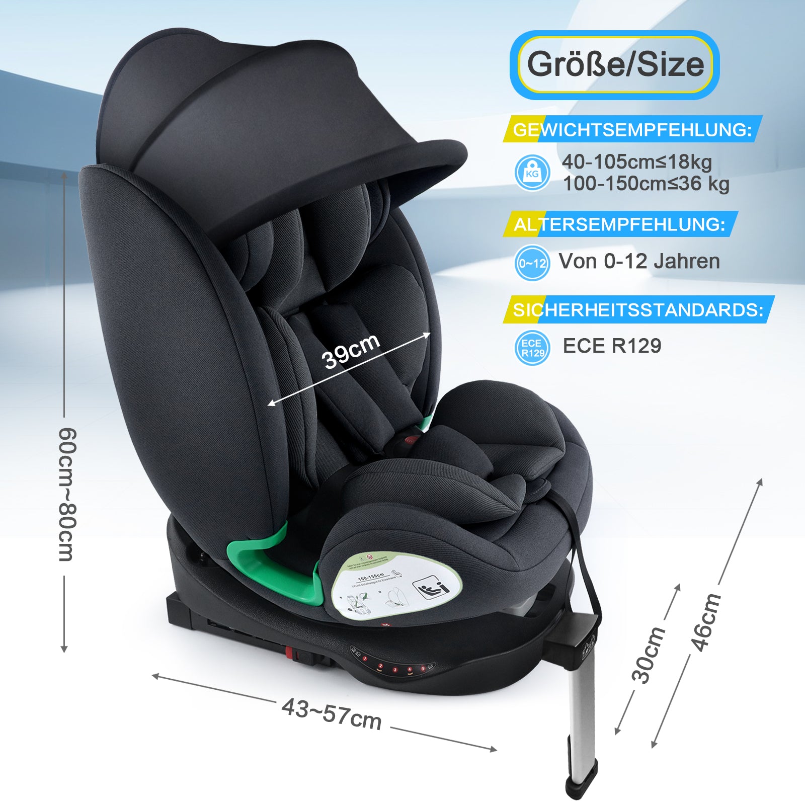 Child Car Seat i-Size 360° Rotatable ISOFIX 0-36kg with Sunshade and Cup Holder