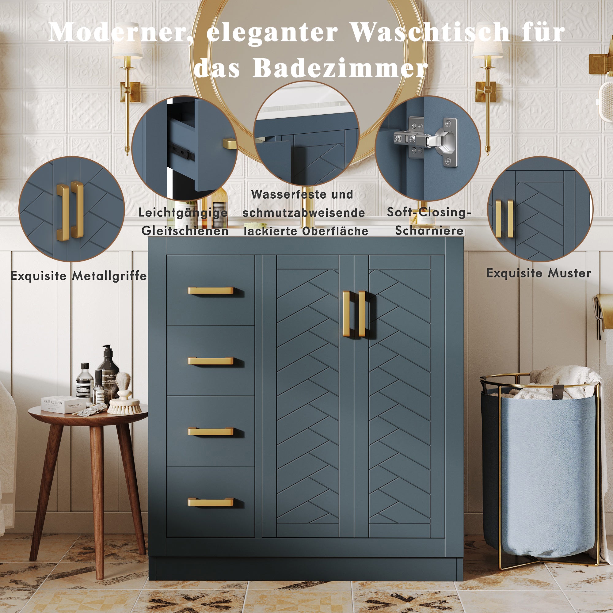 Bathroom Vanity Unit with Ceramic Sink and Storage Drawers, Blue