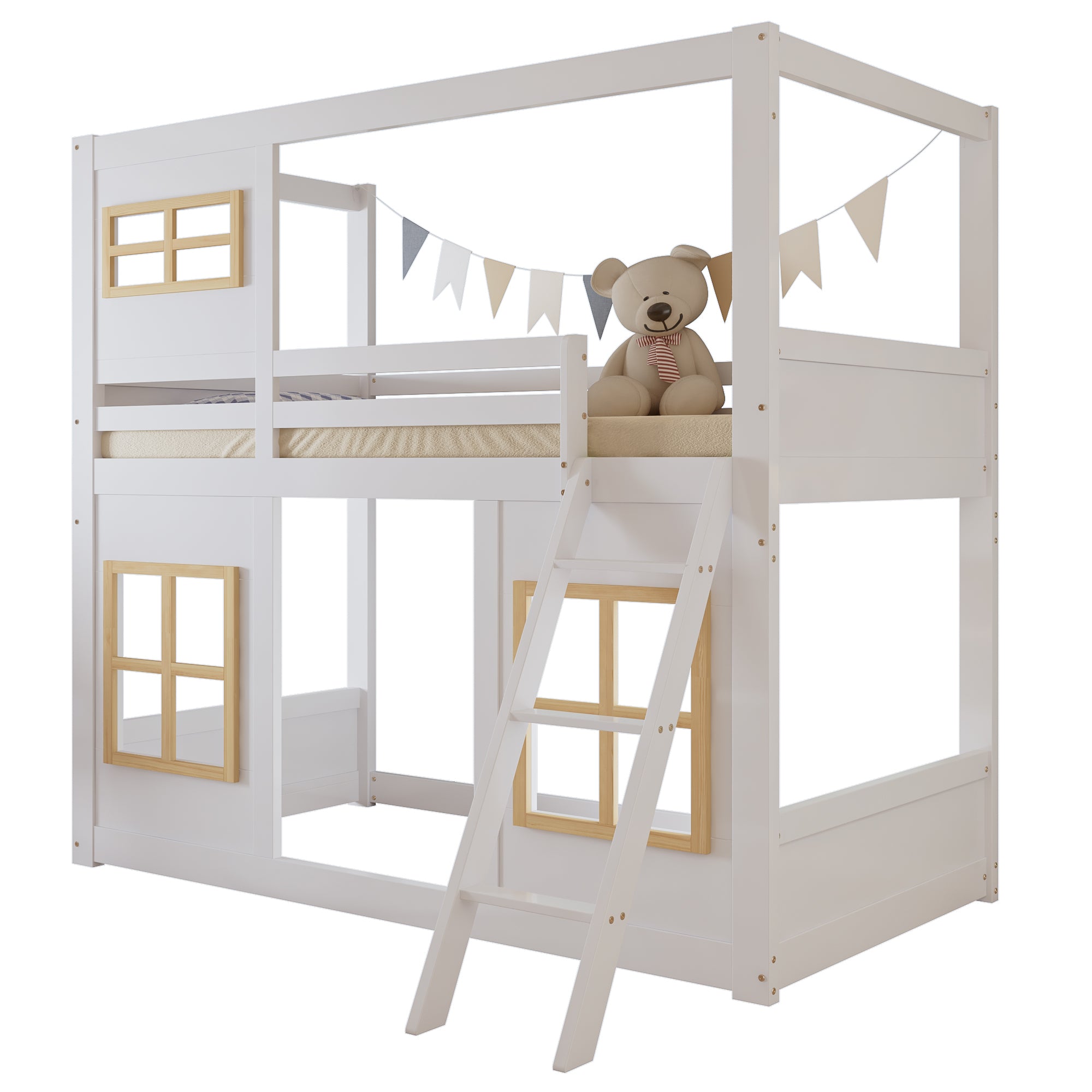 Bunk Bed, Kids with Windows, Ladder & Fencing, Pine + MDF + Plywood