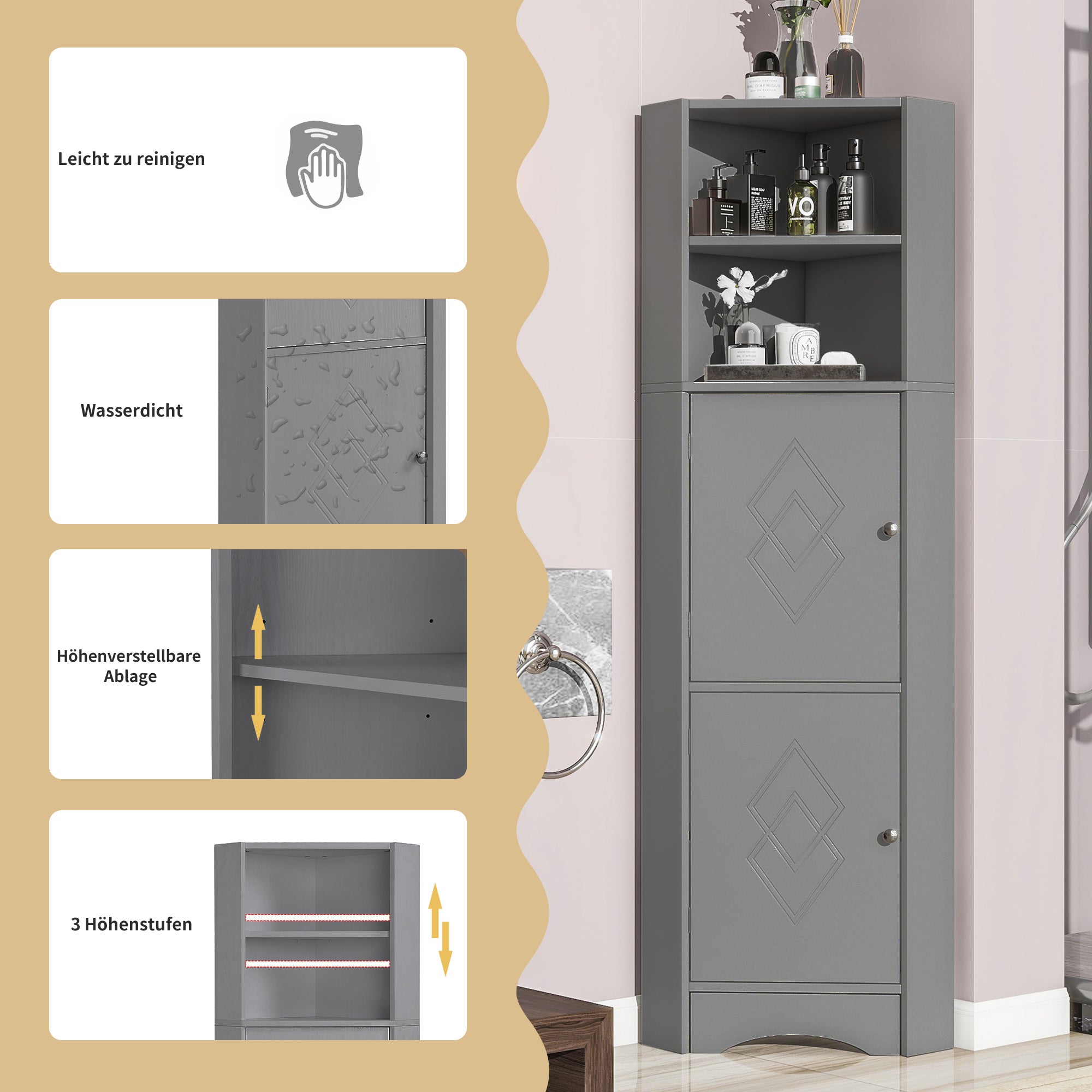 Bathroom Cabinet, Corner with Adjustable Shelf & Storage, Light Grey