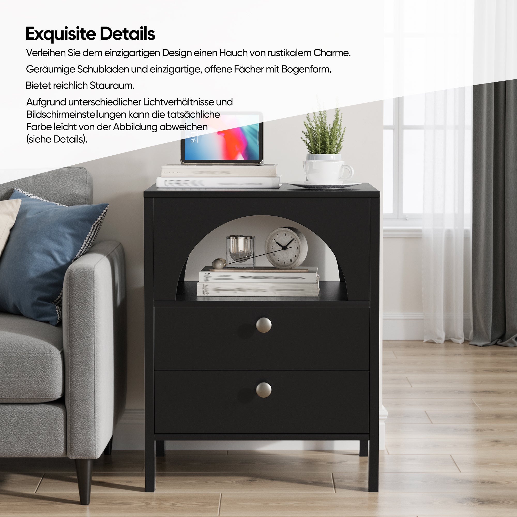 Bedside Table Modern 2 Drawers 1 Open Compartment 45x40x58cm Black