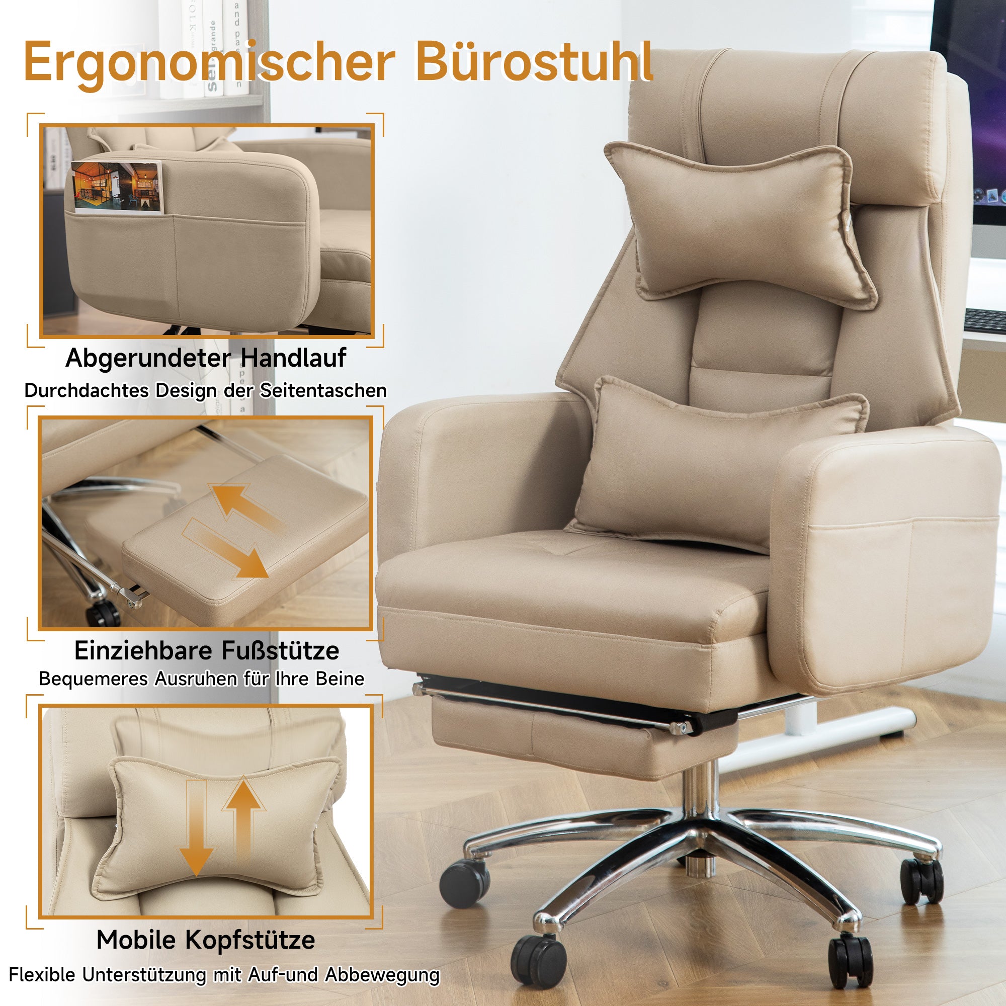 Swivel Office Chair Ergonomic High Back Lumbar Support Headrest 155° Reclining Technology Leather Beige