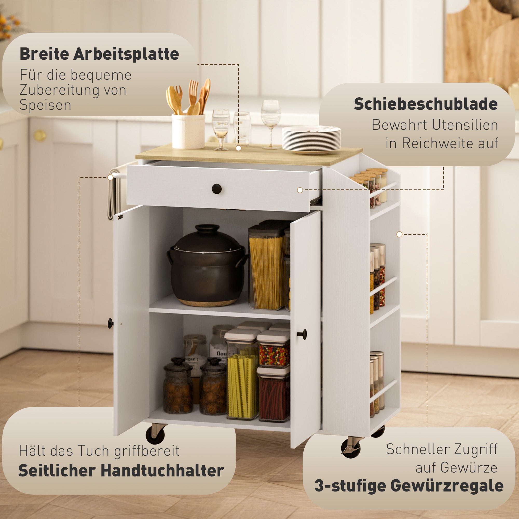 Kitchen Island Kitchen Trolley on Wheels with Worktop, Drawer, Cabinet, Spice Rack, Towel Rail, White