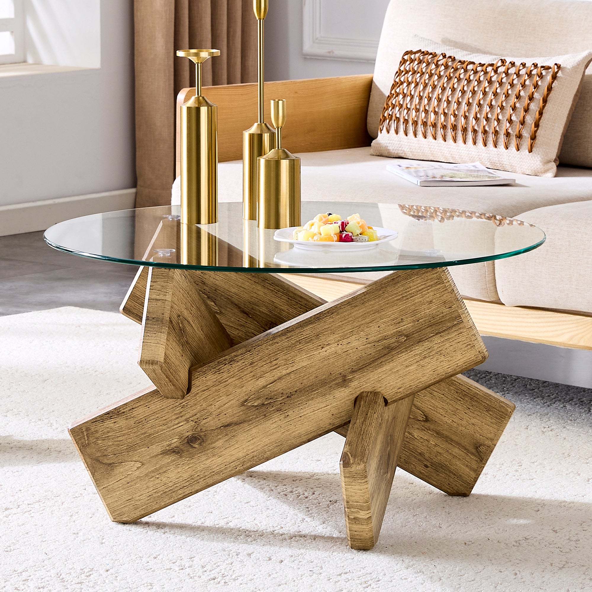 Round Coffee Table Glass Top 79cm Cross Frame - Multi-Color MDF