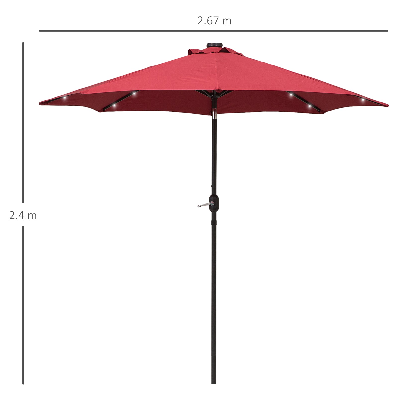 2.7m Garden Parasol Umbrella, Tilt Crank & 24 LED Lights, Red