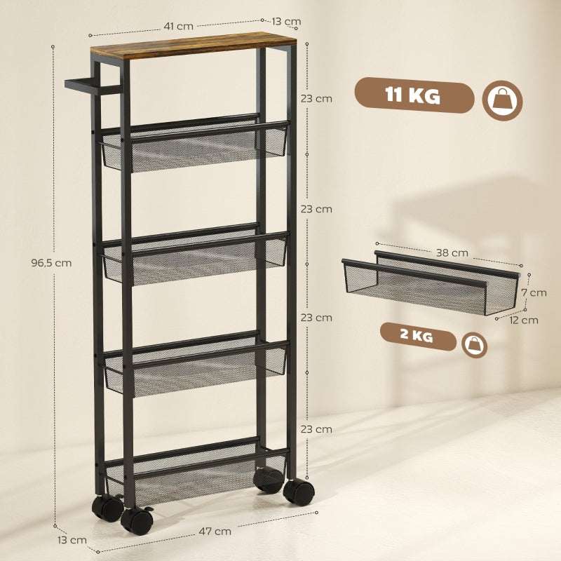 Kitchen Trolley 5-Tier with Worktop, Wheels & Handle - Black